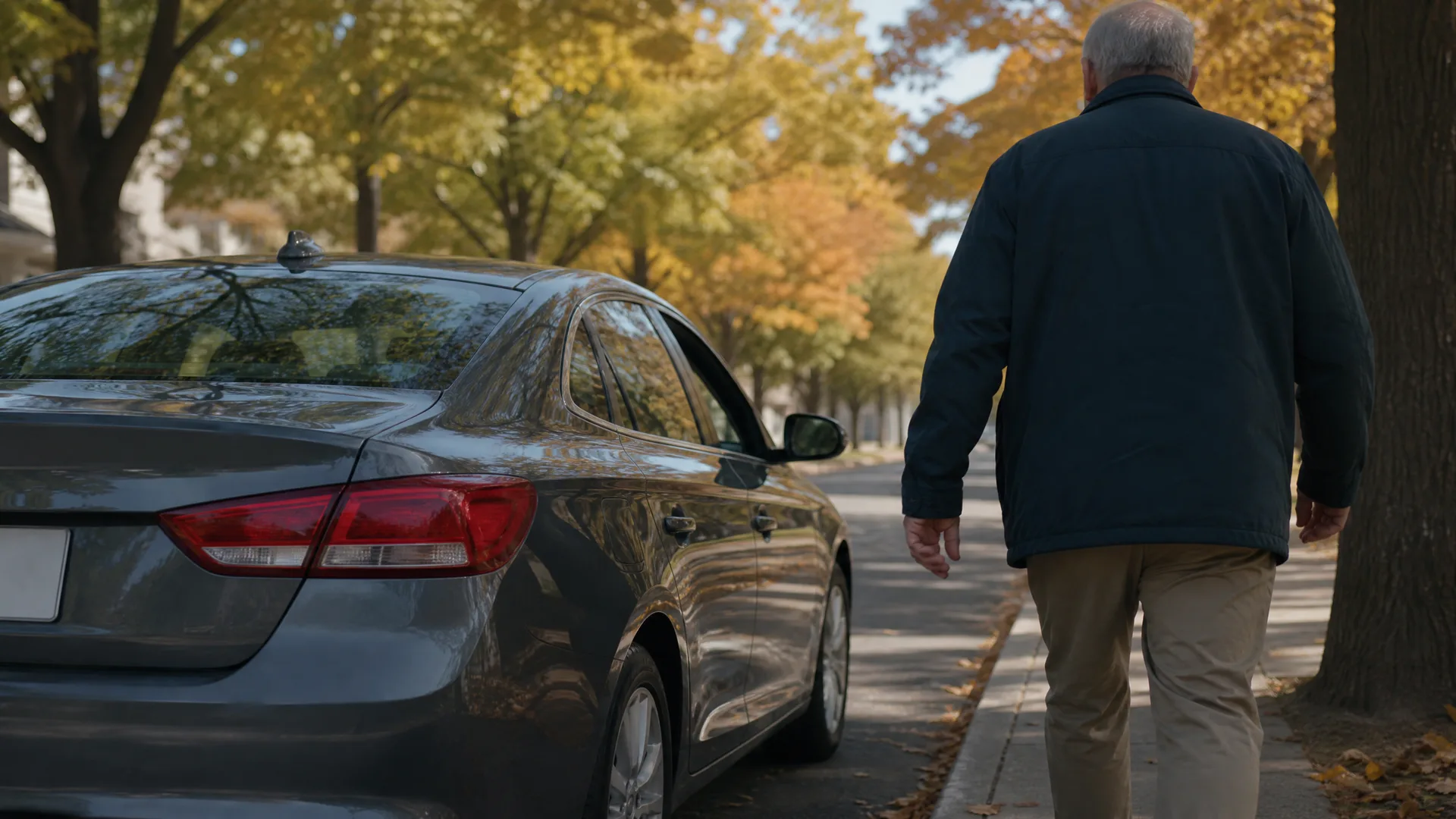 An older man in a dark jacket and khaki trousers walks away along a sidewalk beside a gray sedan parked on a tree-lined street with yellow autumn leaves.