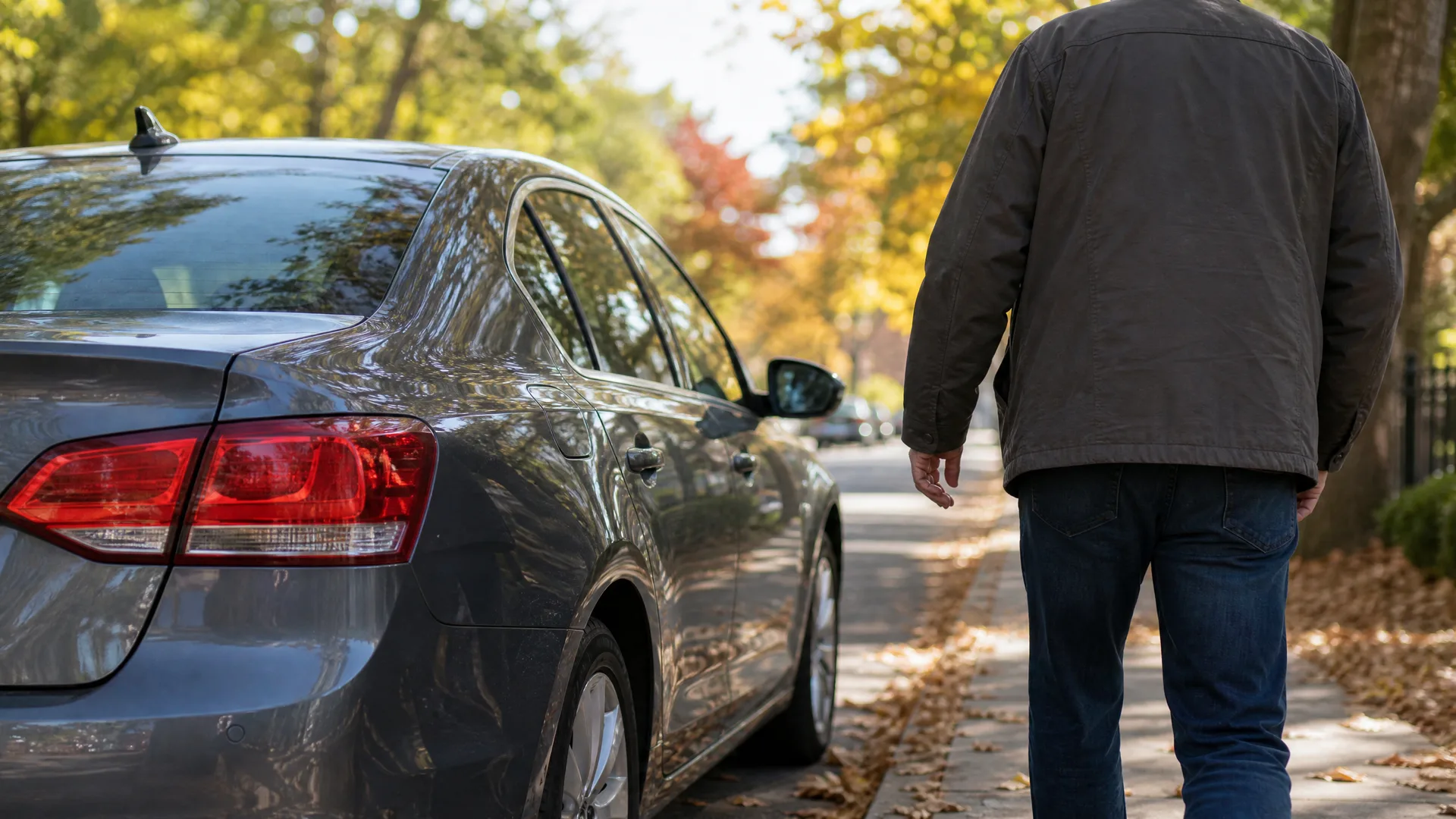 A man in a dark jacket and jeans walks away along a leaf-strewn sidewalk beside a gray sedan parked at the curb, with autumn-colored trees in the background.
