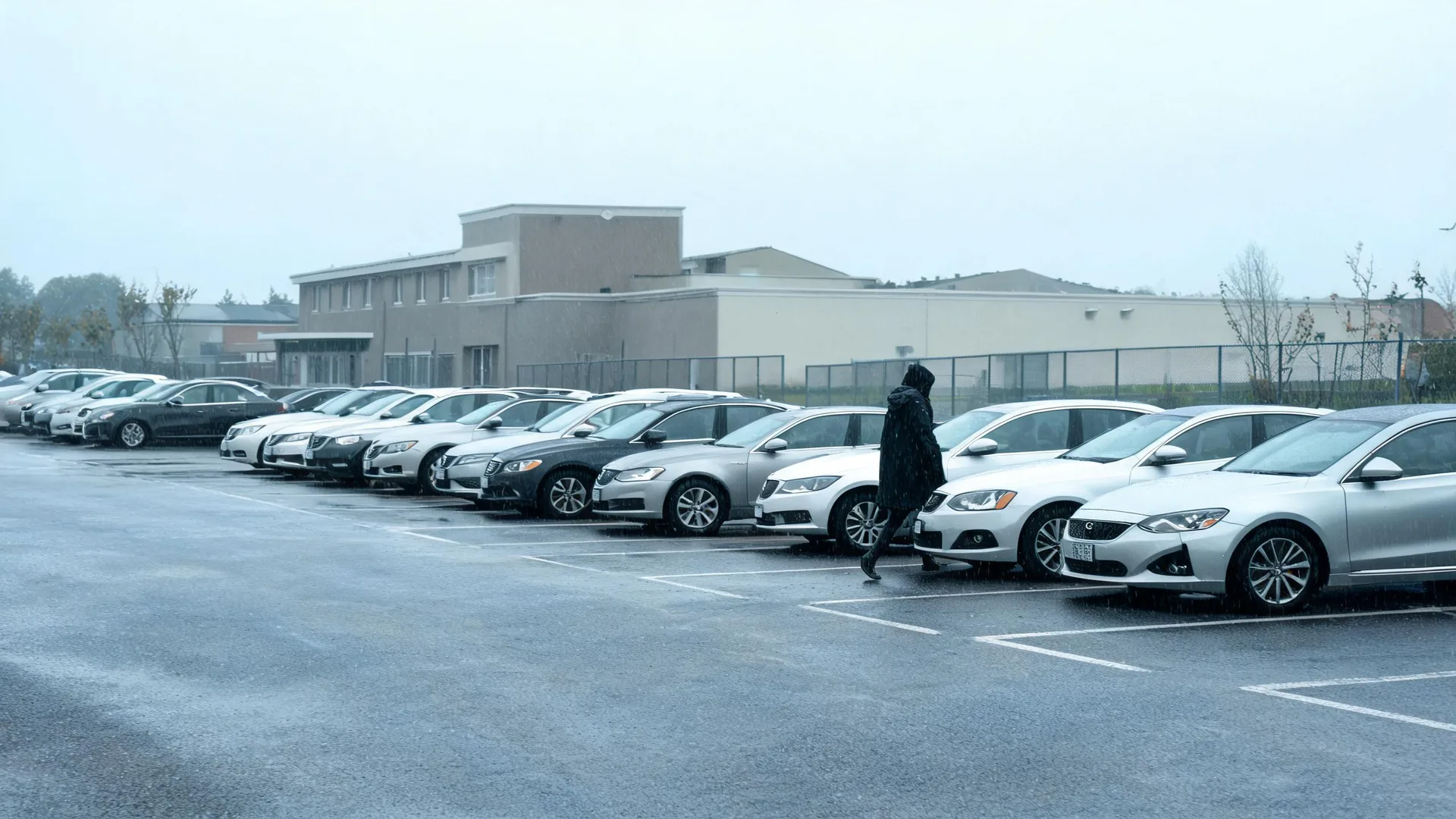 A person in a dark hooded coat walks past a row of parked cars in a wet parking lot under overcast skies, with a low beige building and chain-link fence in the background.