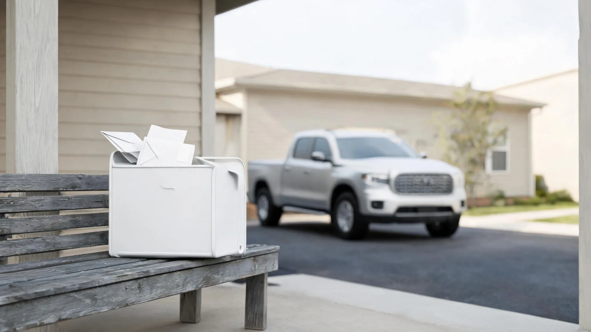 A white box-shaped mail container filled with envelopes sits on a weathered gray wooden bench on a porch, with a blurred white pickup truck and a house in the background.