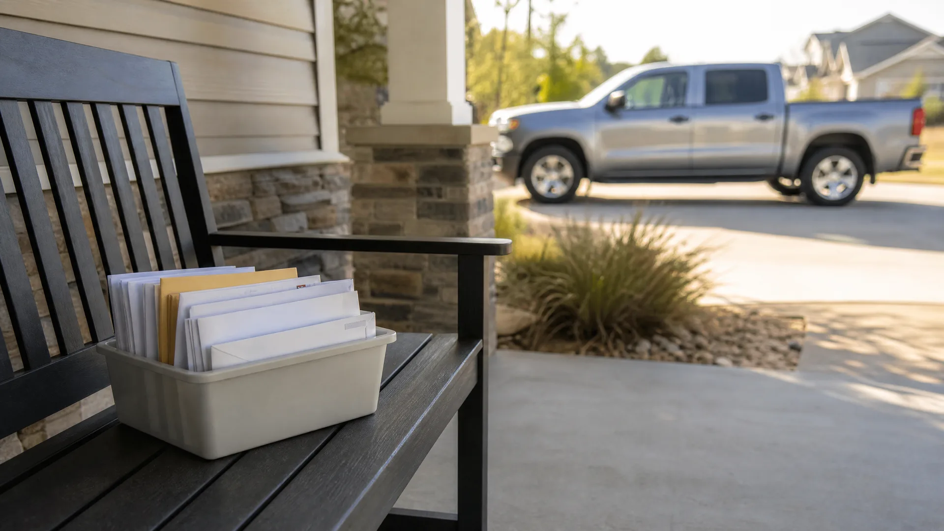 A white plastic bin holding upright envelopes and mail sits on a black slatted bench on a covered porch, with a silver pickup truck parked in a driveway blurred in the background.