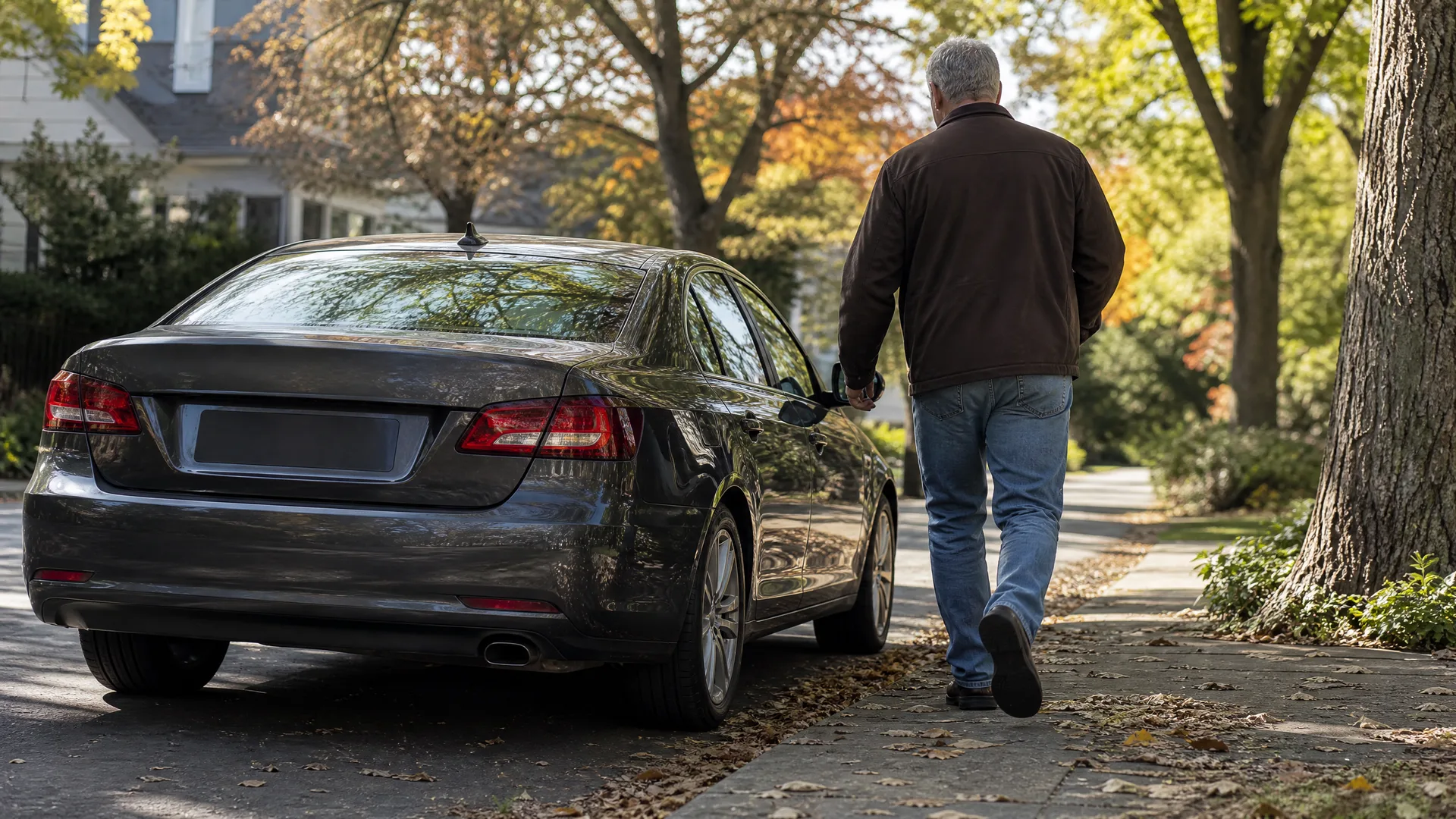A man in a dark jacket and jeans walks away along a leaf-strewn sidewalk beside a parked dark gray sedan, with trees in autumn foliage and a house in the background.