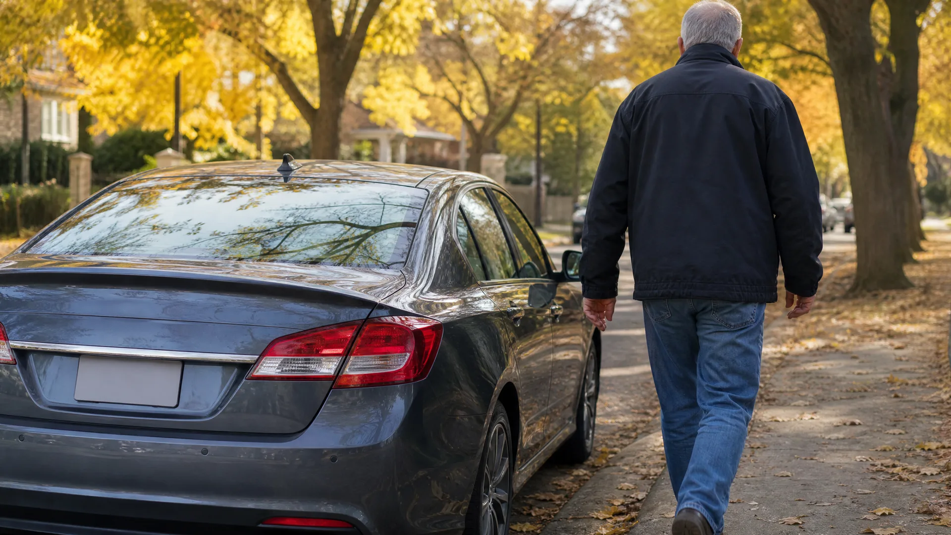 An older man in a dark jacket and jeans walks away along a sidewalk beside a parked gray sedan, with yellow autumn trees lining the street.