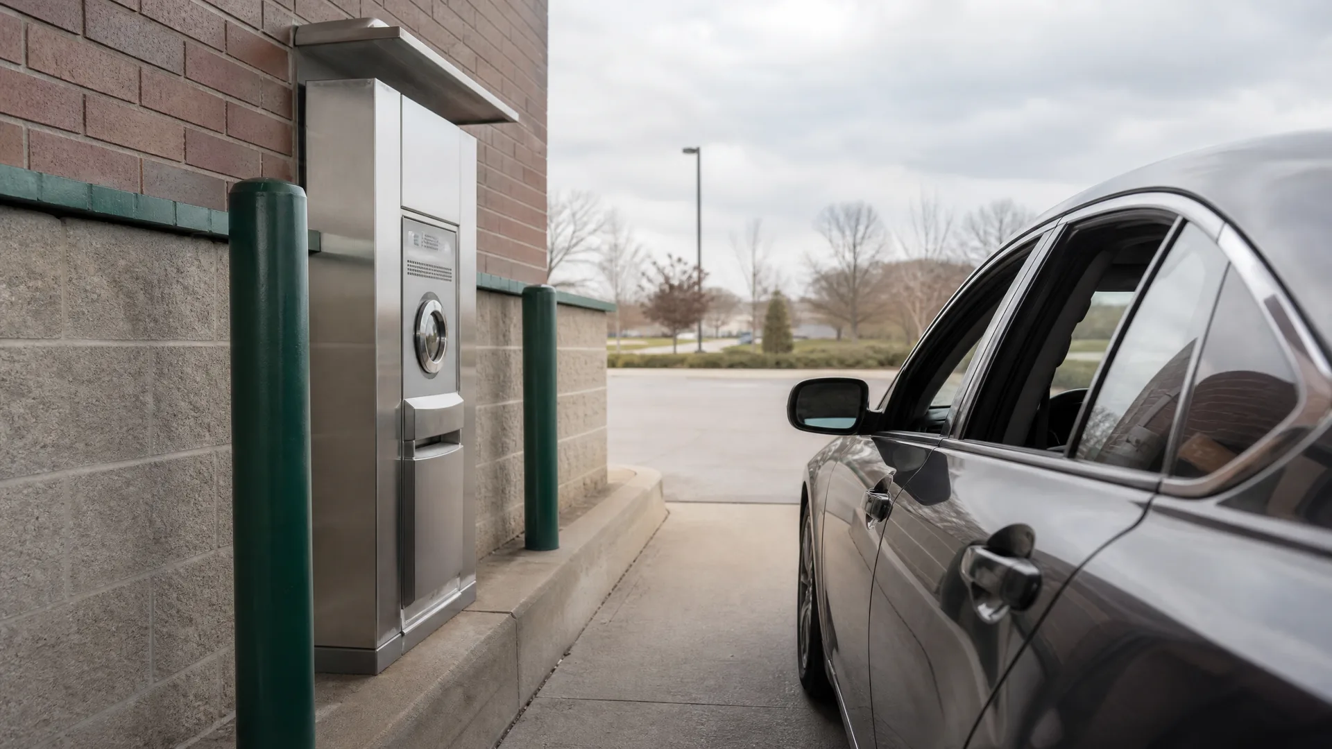 A dark sedan stopped beside a stainless steel drive-up terminal mounted on a brick and block wall, flanked by green bollards, with bare trees and an empty parking lot under an overcast sky.