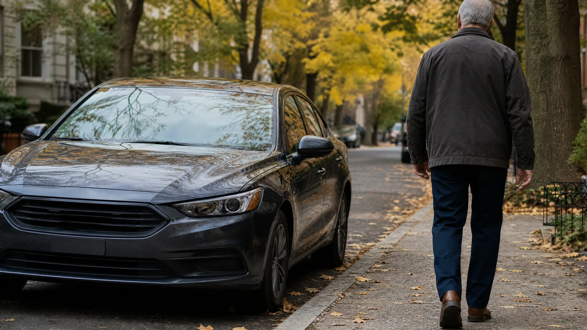 A dark gray sedan parked along a leaf-strewn curb while an older man in a brown jacket walks away down the sidewalk under yellowing trees.