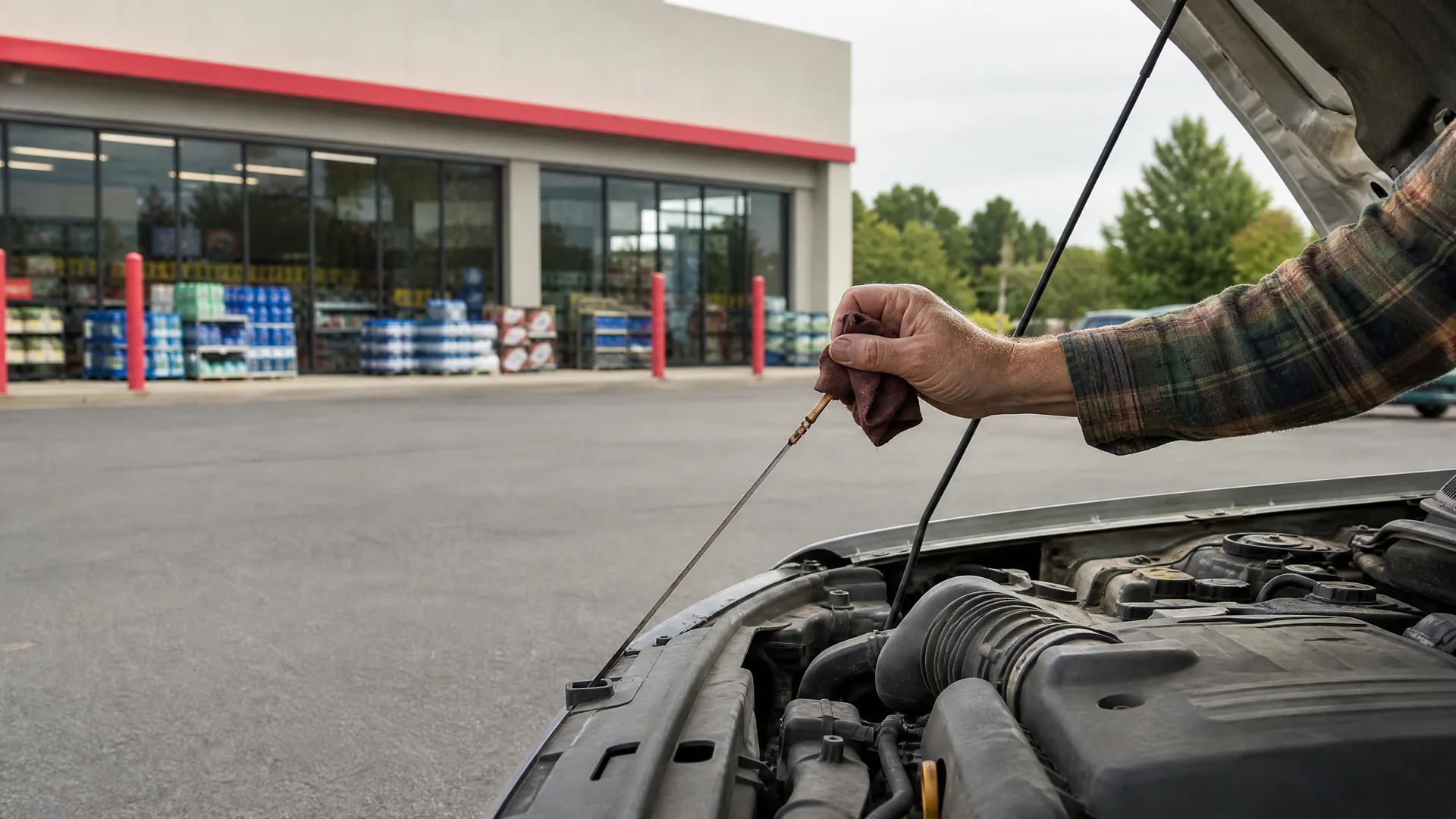 A person's arm in a plaid shirt holds an oil dipstick and a rag over an open car hood in a parking lot, with a storefront and stacked goods in the background.