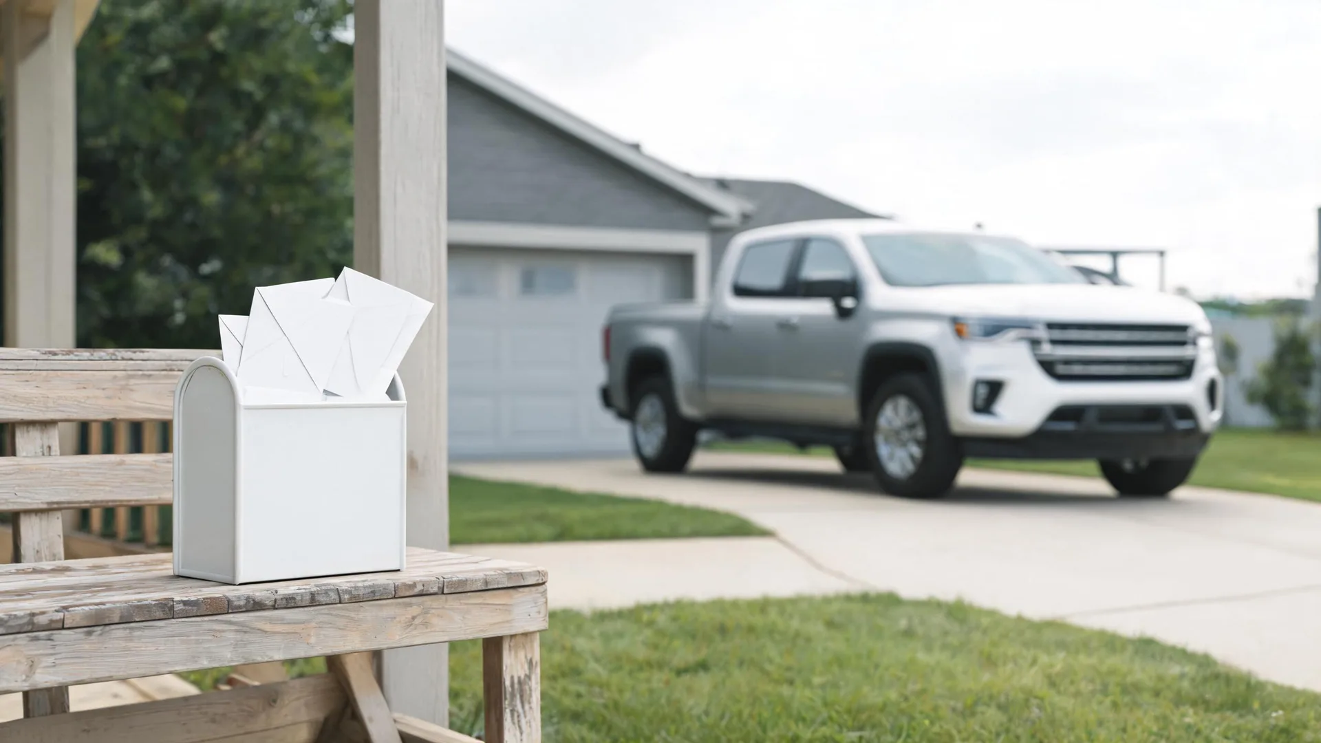 A white mail holder filled with envelopes sits on a weathered wooden bench on a porch, with a blurred silver pickup truck parked in a driveway beside a house with a garage door in the background.