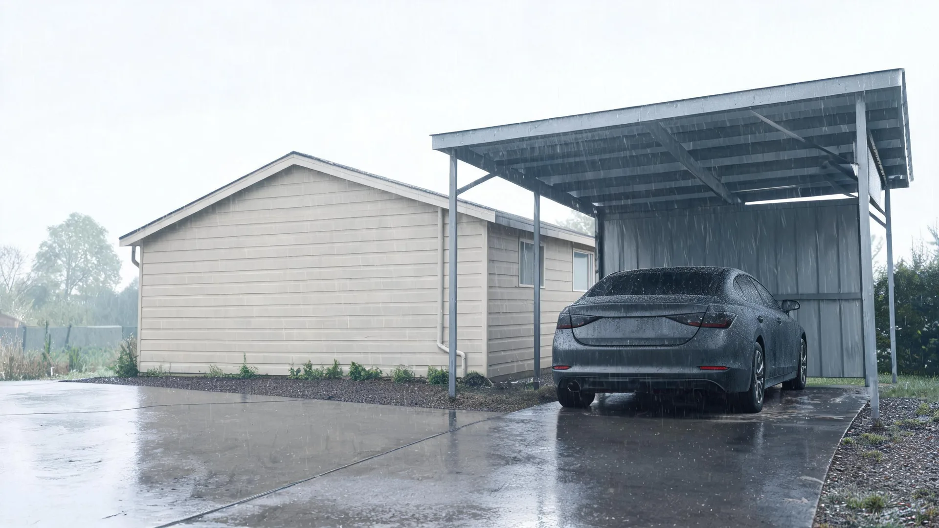 A dark gray sedan parked under a metal carport attached to a single-story house with beige horizontal siding, during heavy rain on a wet concrete driveway.