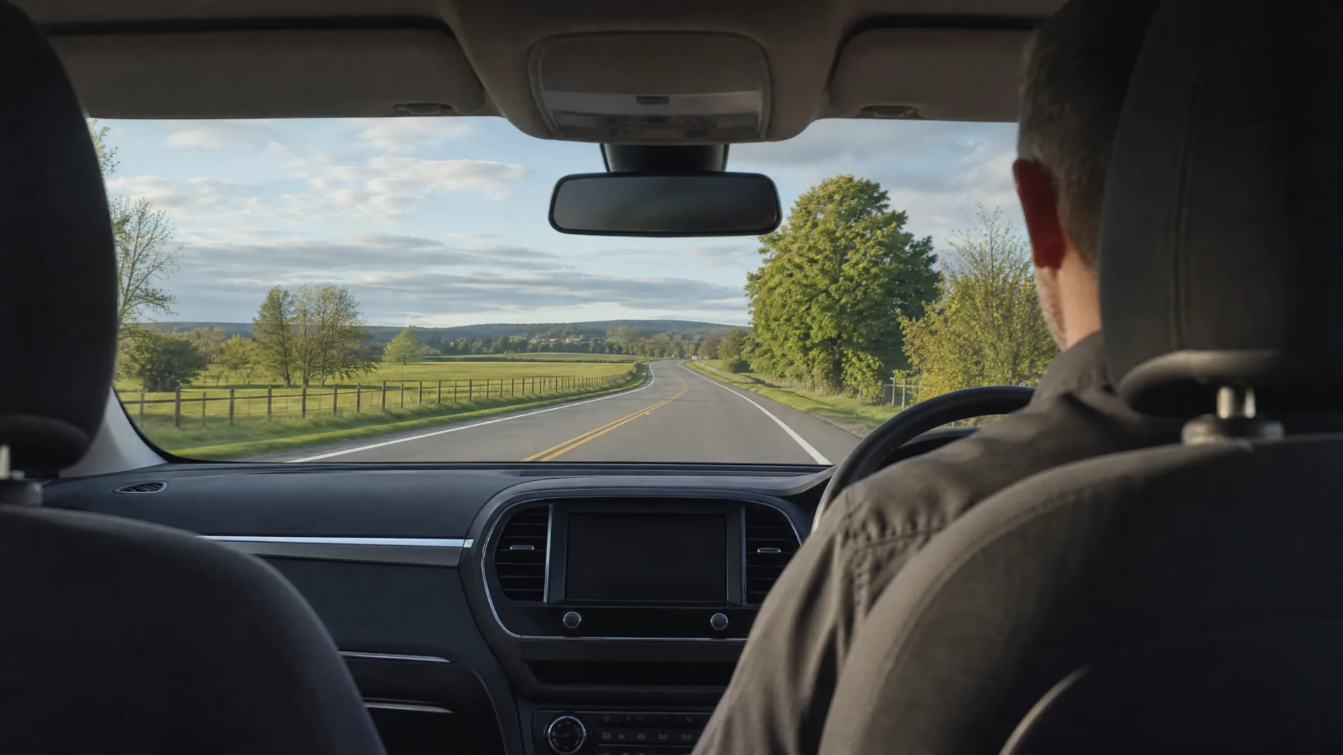 View from a car's rear seat through the windshield, showing a man driving on a two-lane rural road bordered by fields, trees, and a distant low ridge.