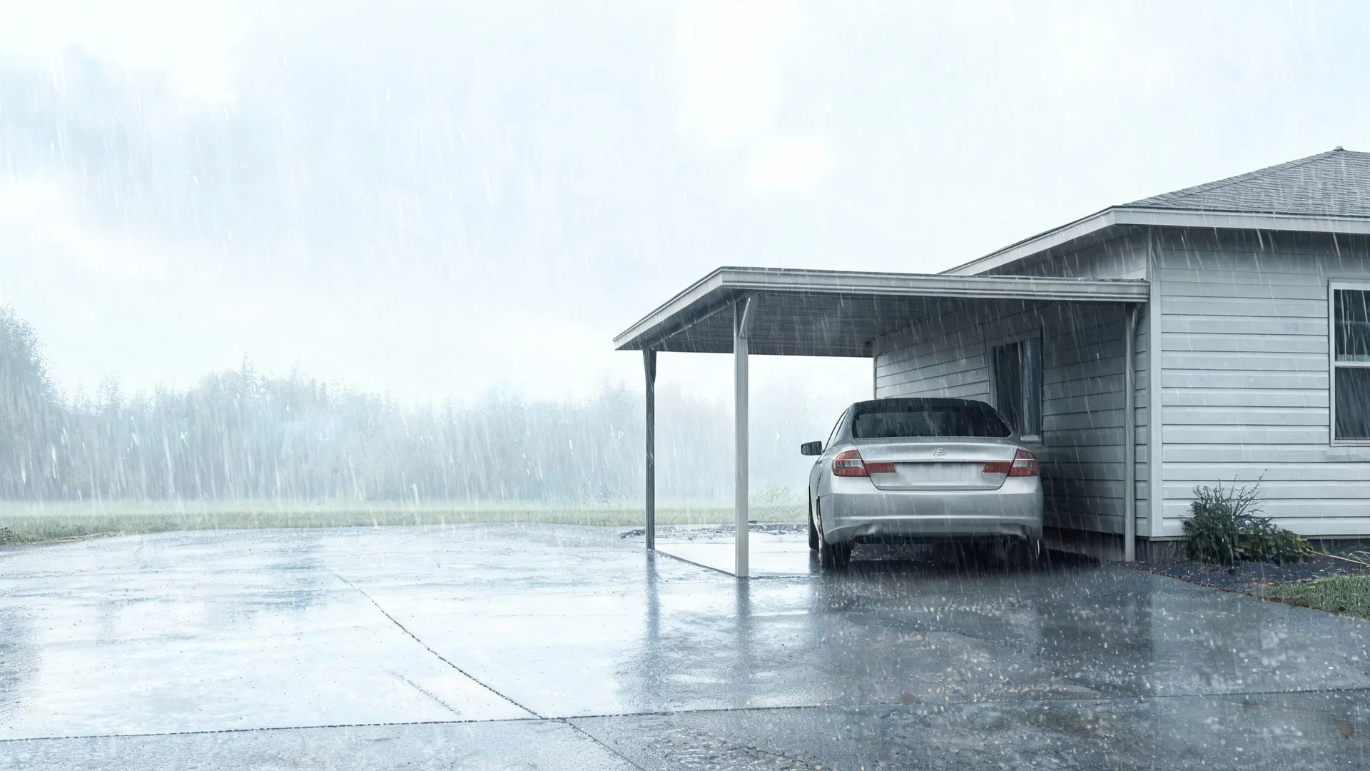 A silver sedan parked under an attached carport beside a light-colored horizontal-siding house during heavy rain, with a wet concrete driveway in the foreground and trees in the misty background.