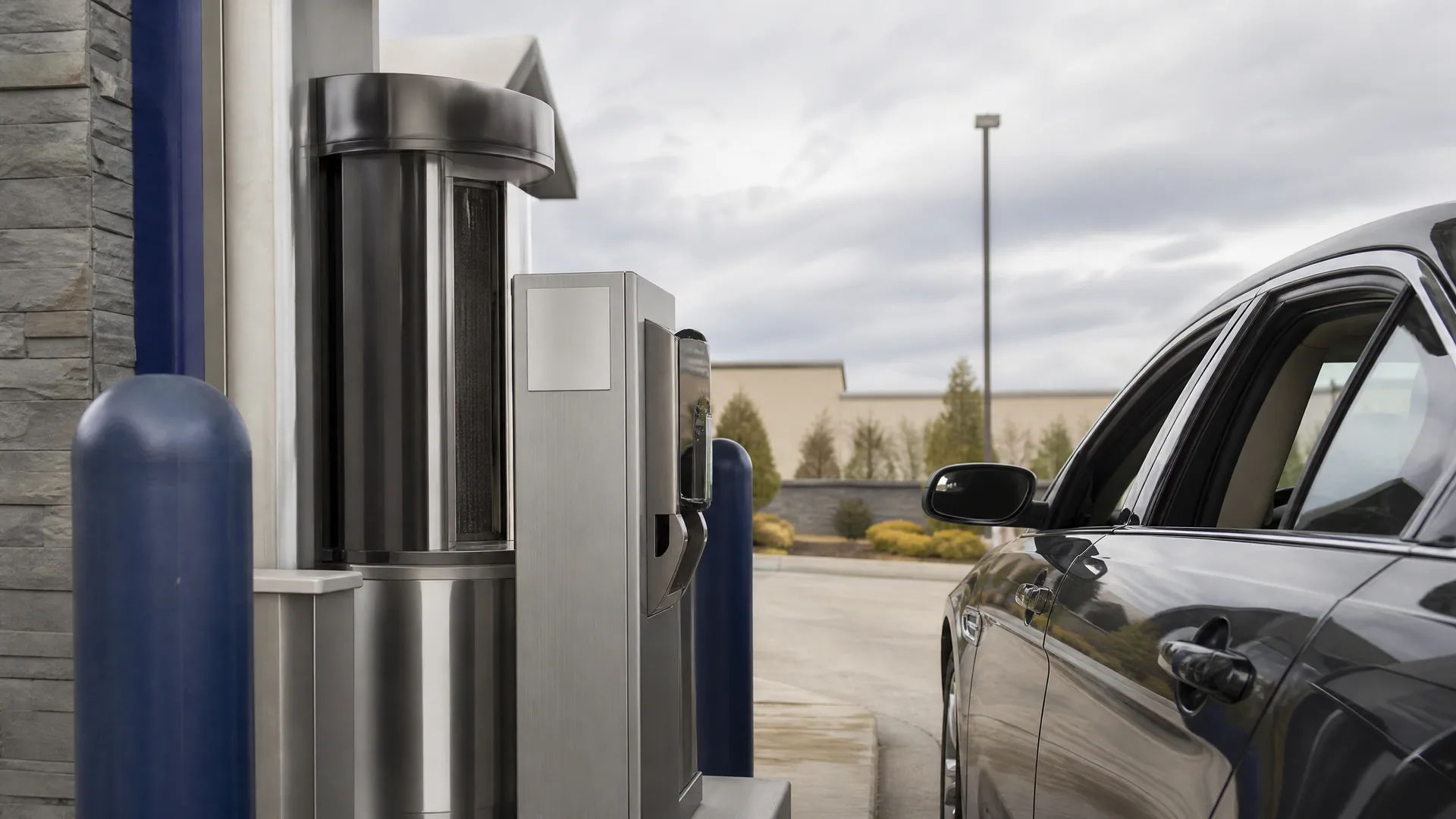 A dark sedan pulled up beside a stainless steel drive-through window and pneumatic tube unit at a bank, with stone-clad wall, blue bollards, shrubs and a light pole under an overcast sky.