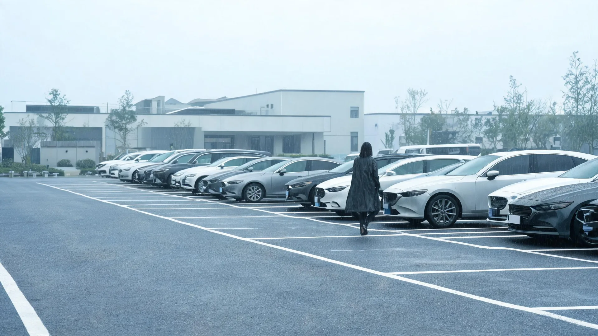 A person in a long dark coat walks across a wet parking lot lined with a row of parked sedans, with low white buildings and trees under a hazy sky in the background.