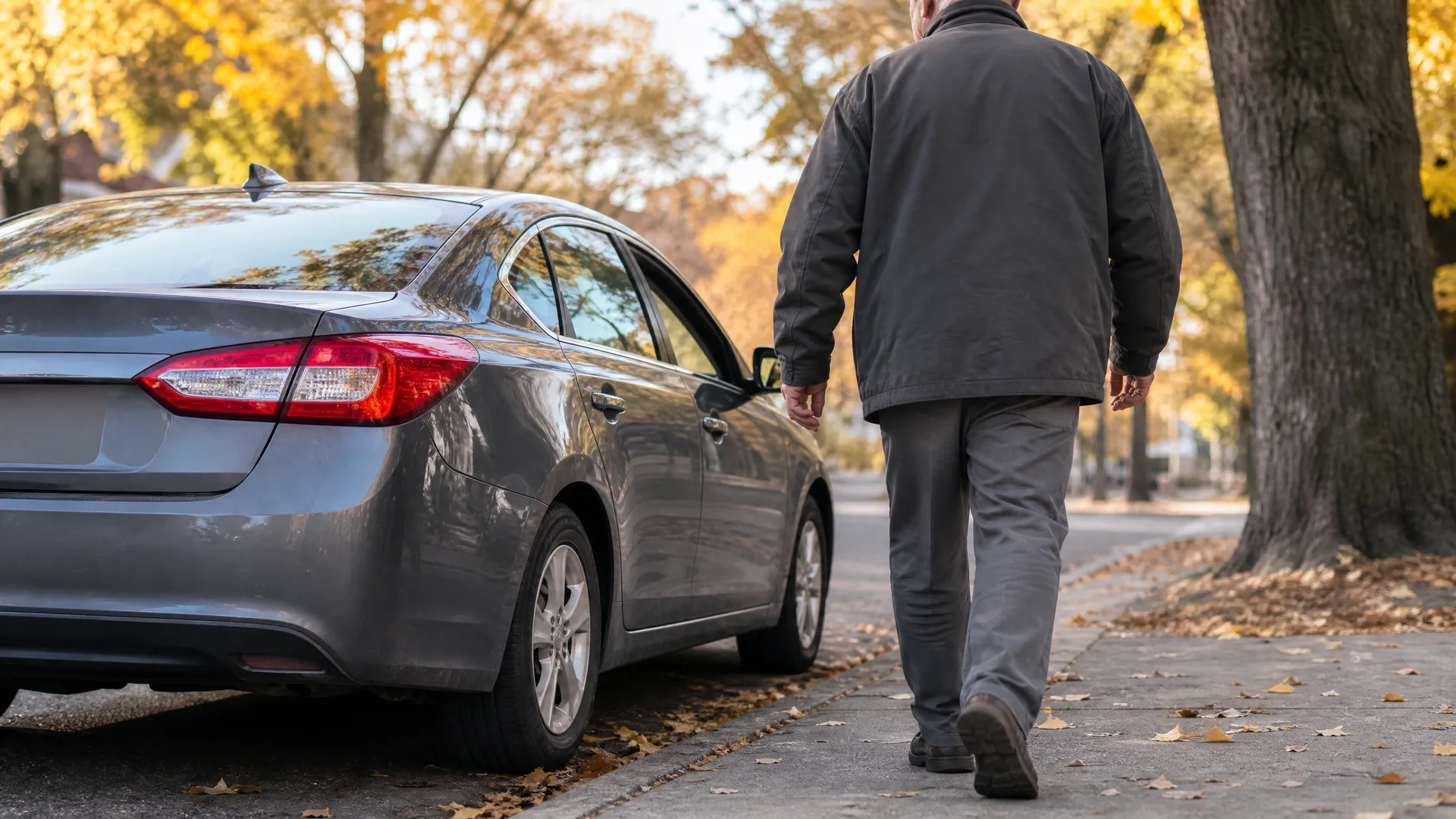 A man in a dark jacket and grey trousers walks away along a leaf-strewn sidewalk beside a grey sedan parked at the curb, with large trees in autumn foliage in the background.
