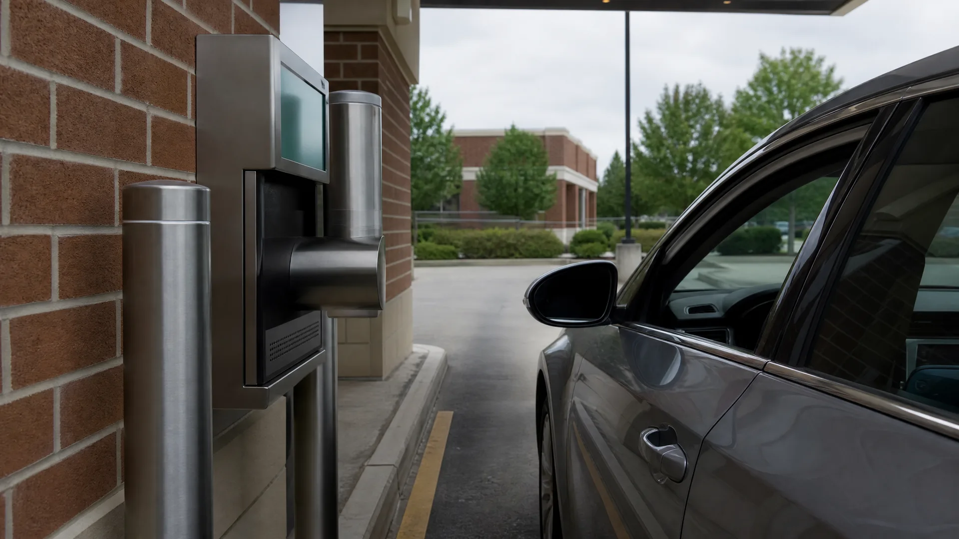 A gray car pulled up alongside a stainless steel drive-through kiosk with a screen and tube, next to a brick building under an overhead canopy.