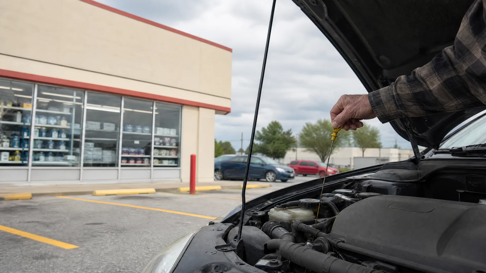A person in a plaid shirt pulls a yellow dipstick from the engine of a car with its hood open in a parking lot beside a light-colored building with windows.