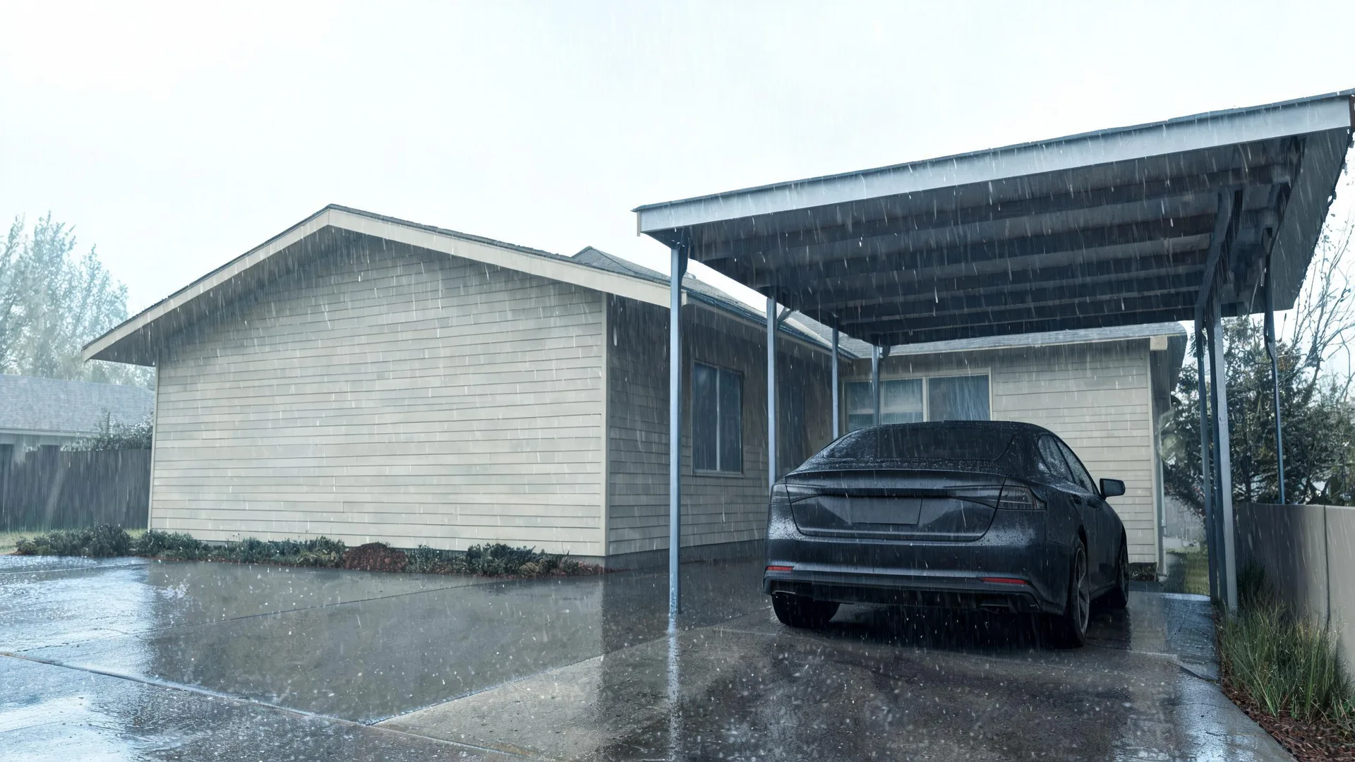 A dark sedan parked under a metal carport attached to a single-story house with horizontal siding, during heavy rain on a wet concrete driveway.