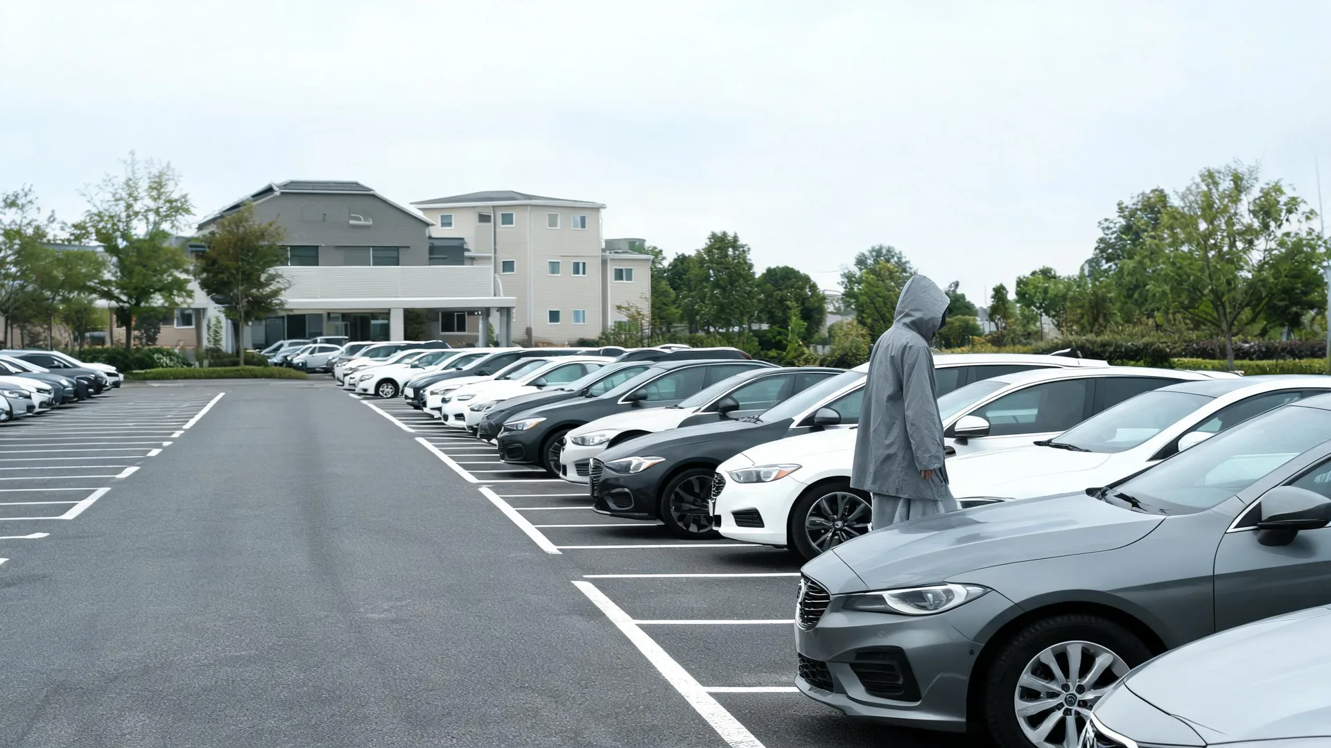 A person in a grey hooded raincoat walks between rows of parked cars in an outdoor asphalt parking lot, with buildings and trees under an overcast sky in the background.