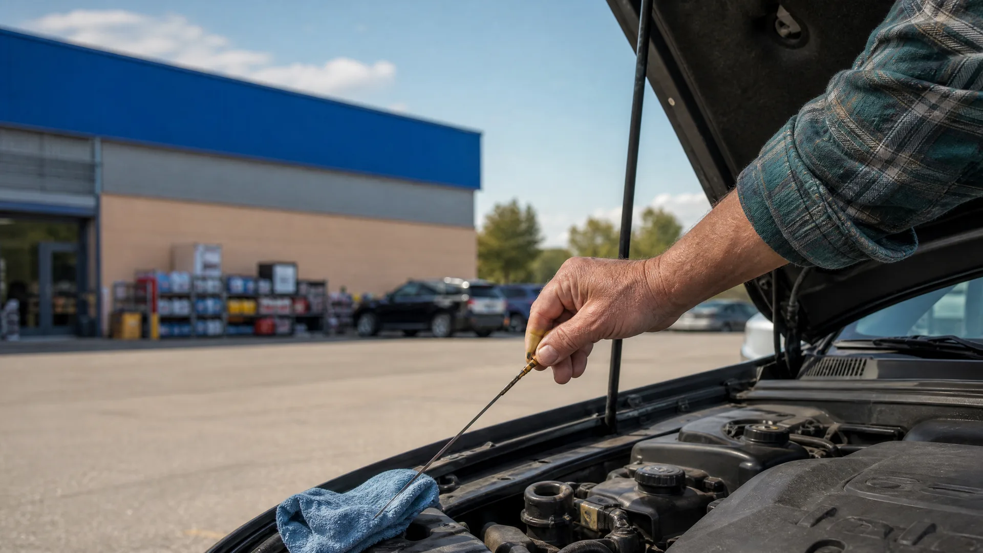 A person's arm in a plaid shirt pulls a dipstick from a car engine under an open hood, with a blue rag on the engine bay and a parking lot and store building in the background.
