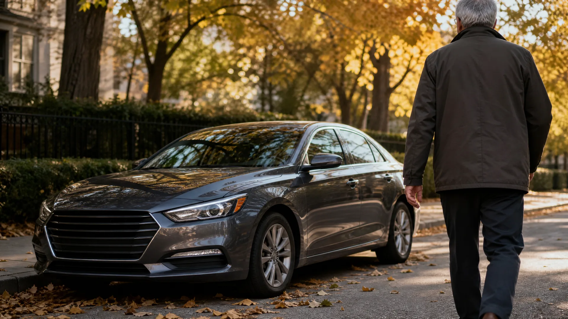 A gray four-door sedan parked at a curb strewn with fallen leaves, with a man in a dark jacket walking away in the foreground and yellowing trees and an iron fence behind.