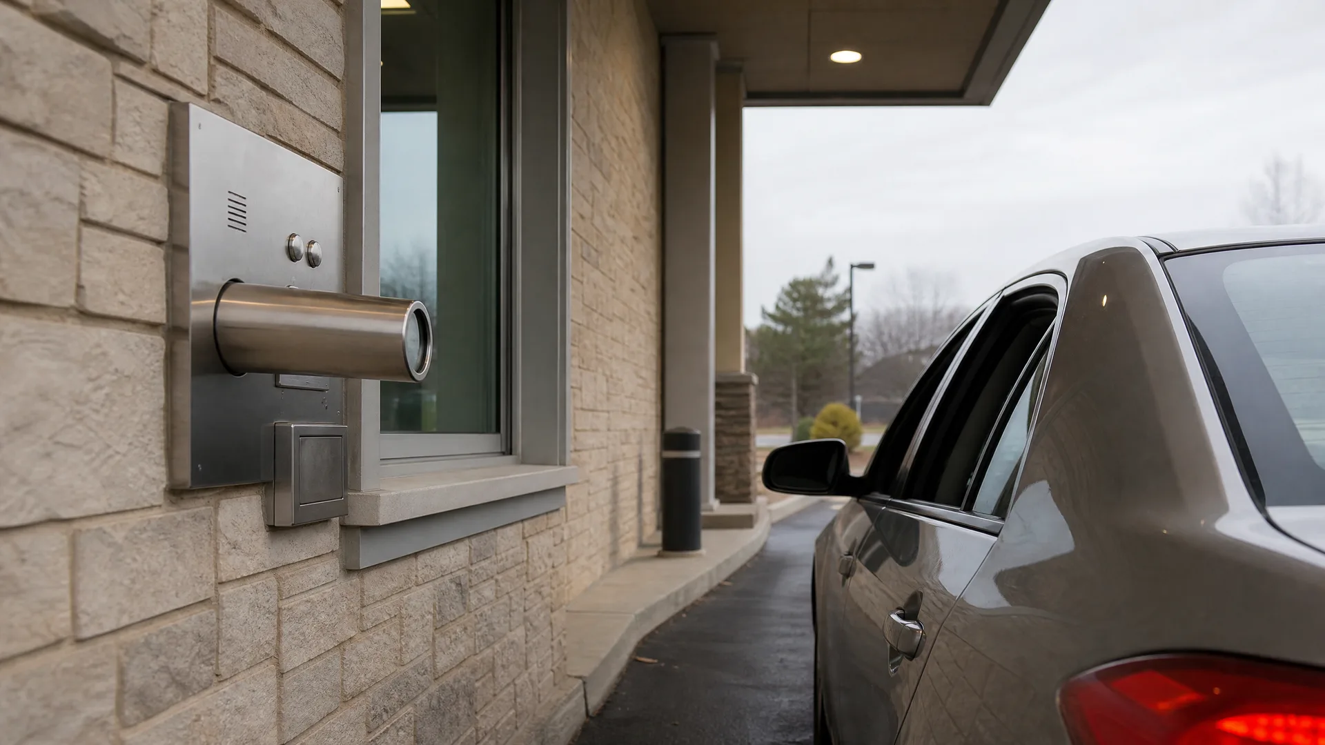 A stainless steel drive-up teller unit with intercom and pneumatic tube mounted on a stone wall beside a window, with a silver sedan waiting in the lane under a canopy.
