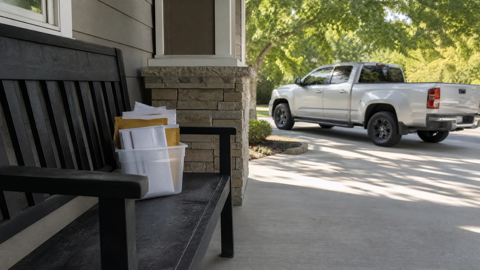 A black wooden bench on a covered concrete porch holds a white bin of mail and envelopes, with a stone-clad column beside it and a silver pickup truck parked in the driveway under trees.