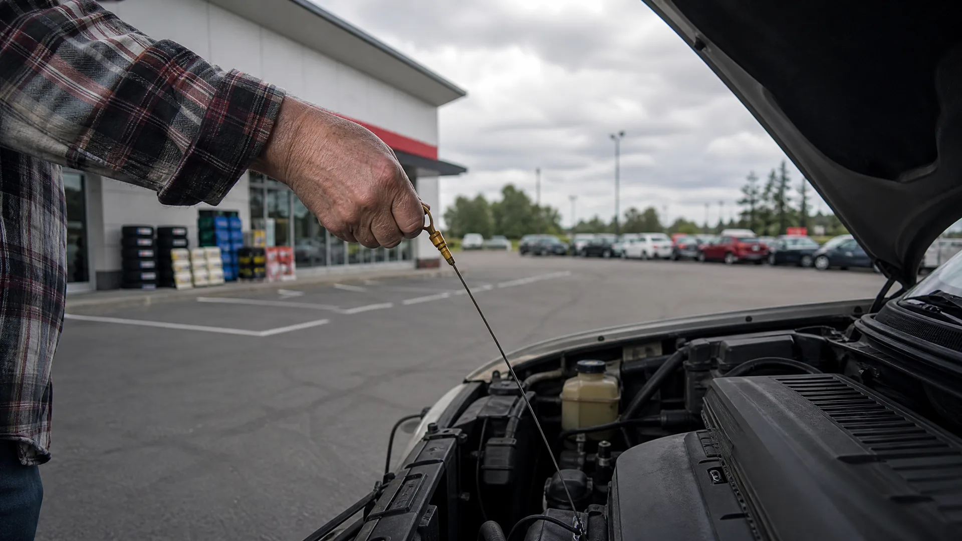 A person in a plaid shirt holds a pulled dipstick above an open car hood in a parking lot, with a low commercial building, parked cars and overcast sky behind.