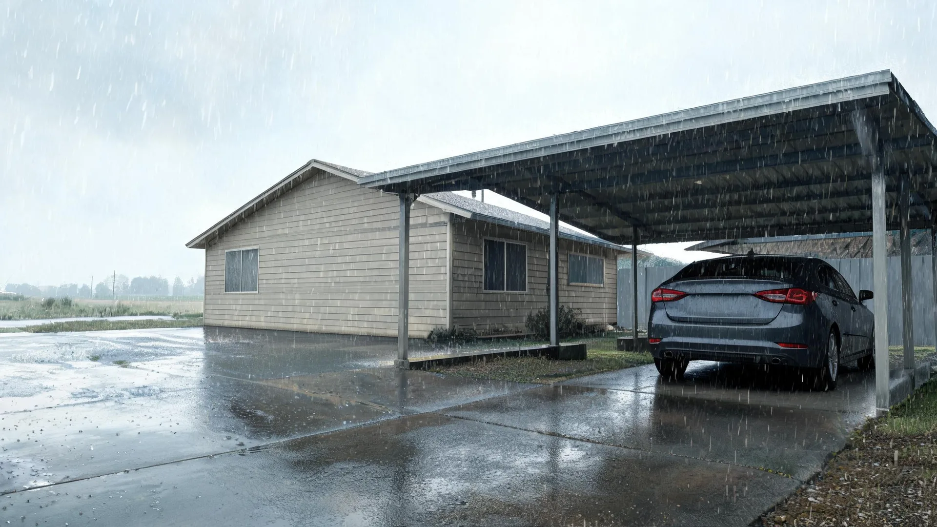 A single-storey house with horizontal wood siding and an attached open carport, where a dark grey hatchback car is parked on a wet concrete driveway during heavy rain.