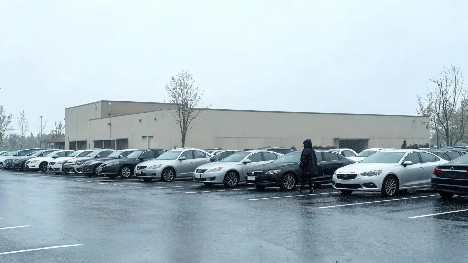 A person in a dark hooded coat walks between rows of parked cars on a wet parking lot in front of a long beige single-story building under overcast skies.