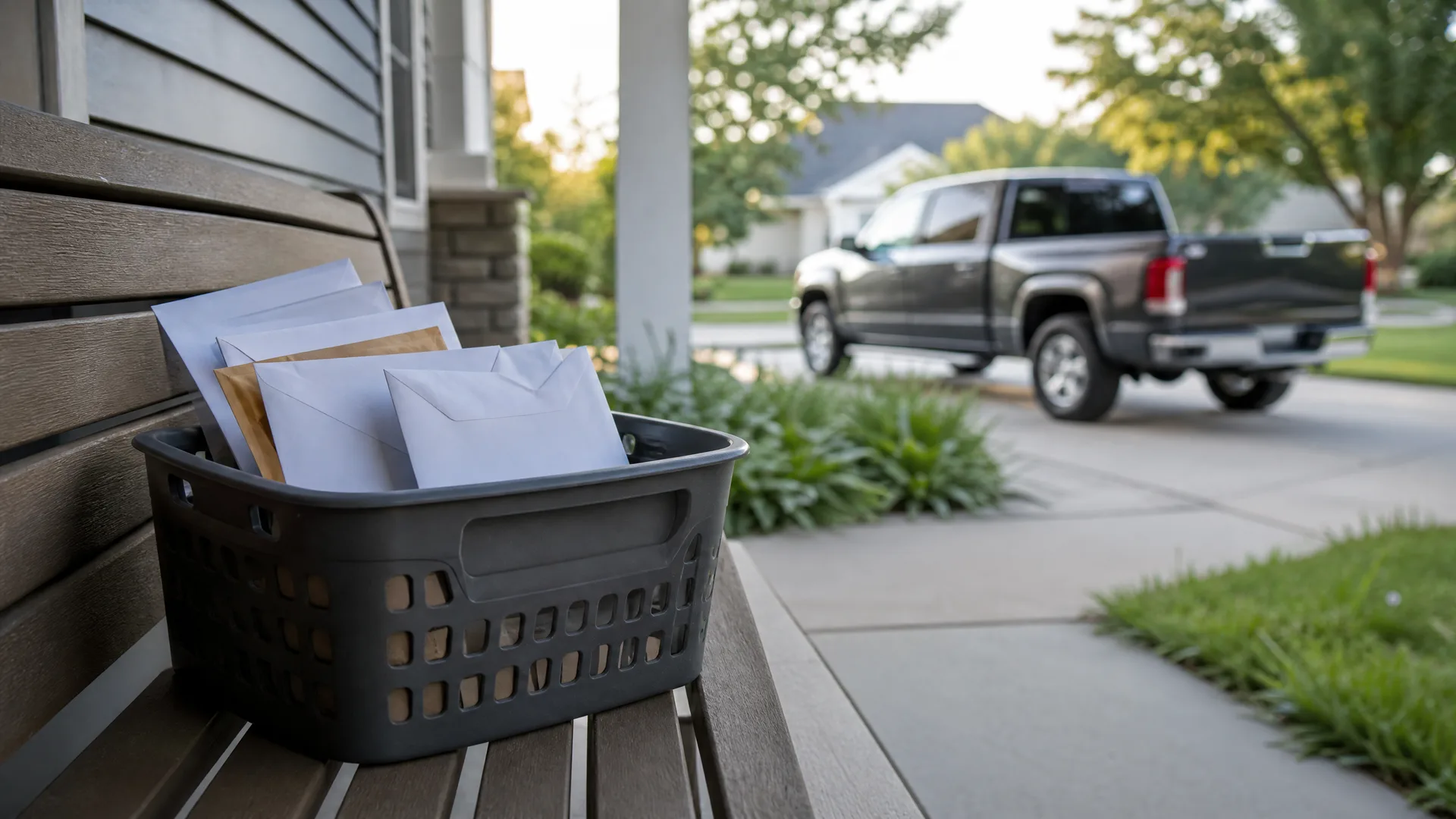A dark plastic basket holding white and brown envelopes sits on a wooden bench on a porch, with a gray pickup truck parked in a driveway in the blurred background.