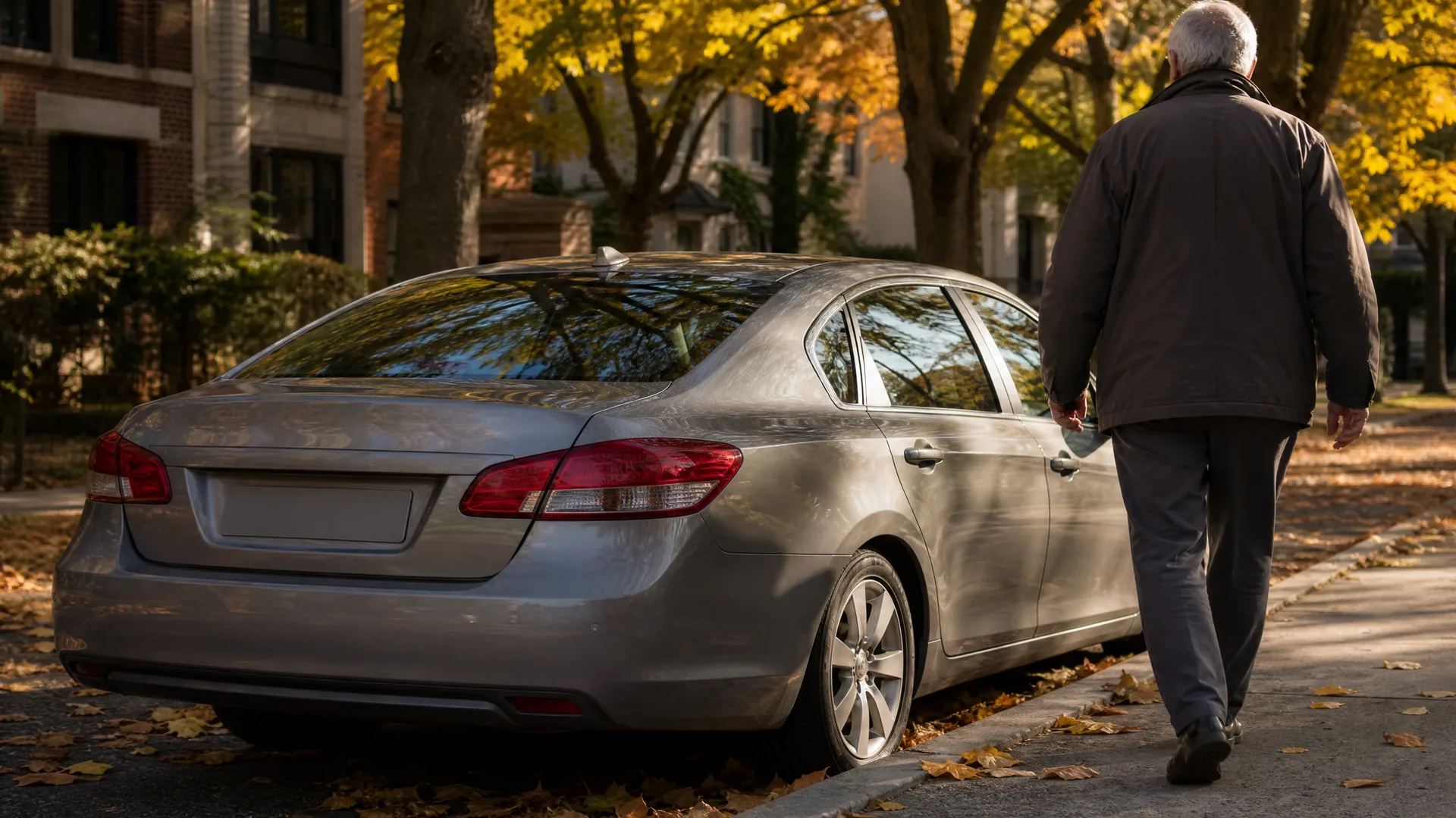 A silver sedan parked at a curb on a residential street lined with autumn-colored trees, with a white-haired man in a dark jacket walking past on the sidewalk.