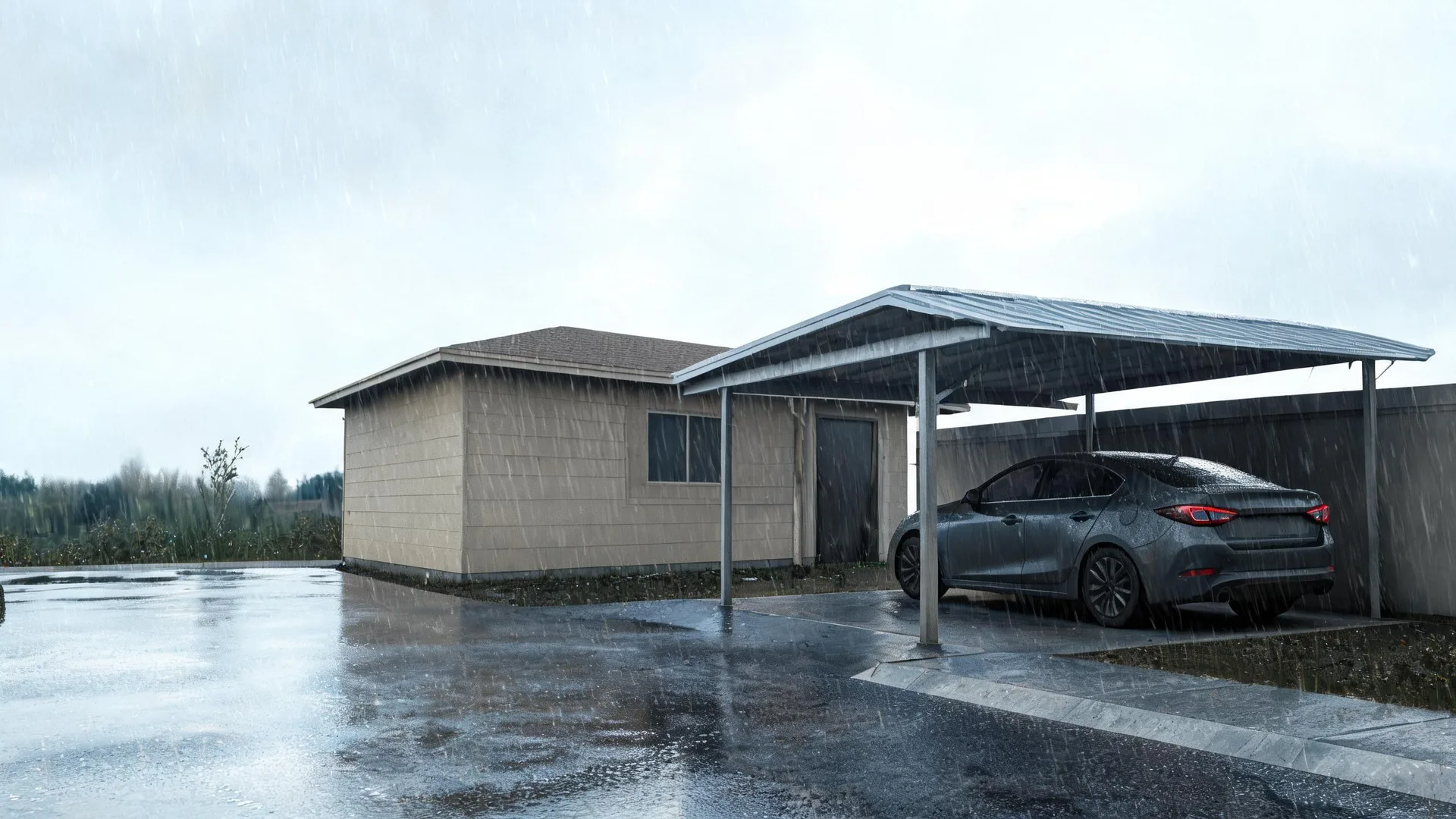 A single-story house with wood-panel siding and a shingled roof beside a metal carport sheltering a dark gray sedan, on wet pavement during heavy rain under an overcast sky.