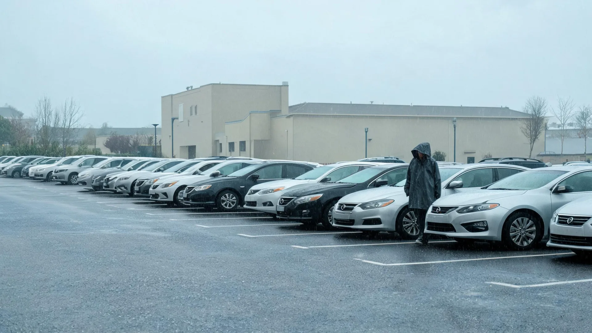 A person in a dark hooded rain poncho walks between rows of parked cars on a wet parking lot in front of a large beige stucco building under an overcast sky.