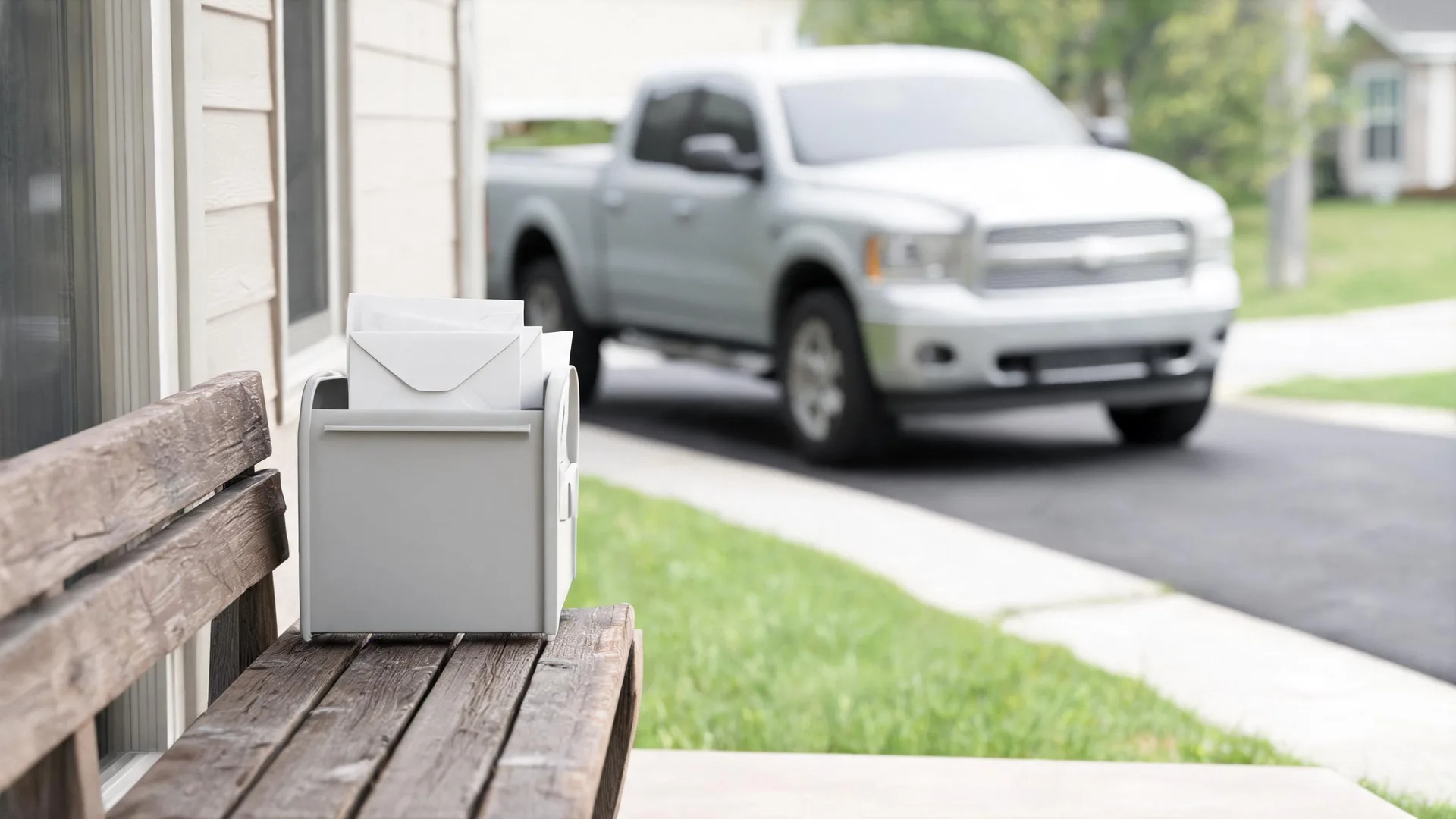 A white mailbox holding envelopes sits on a weathered wooden bench beside a house, with a blurred silver pickup truck on a driveway in the background.