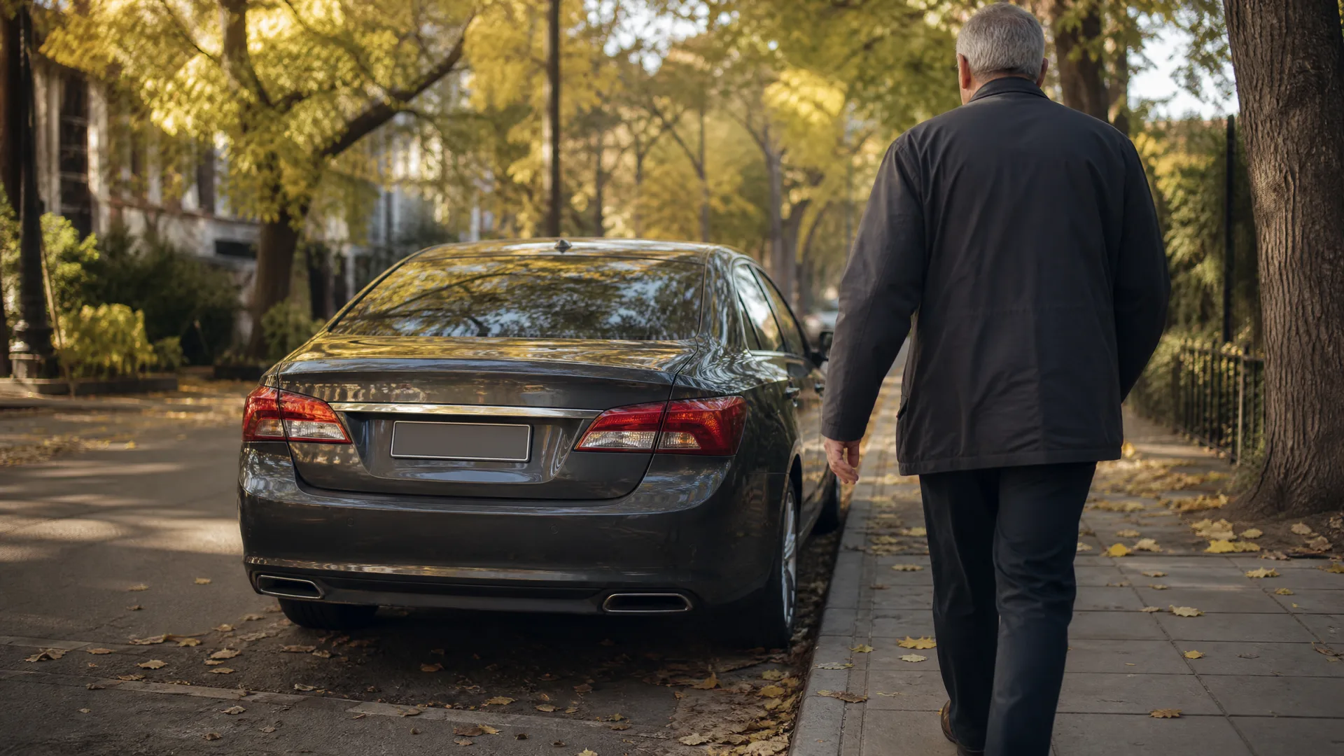 A man in a dark jacket walks away along a sidewalk beside a dark gray sedan parked on a tree-lined street with fallen yellow leaves.