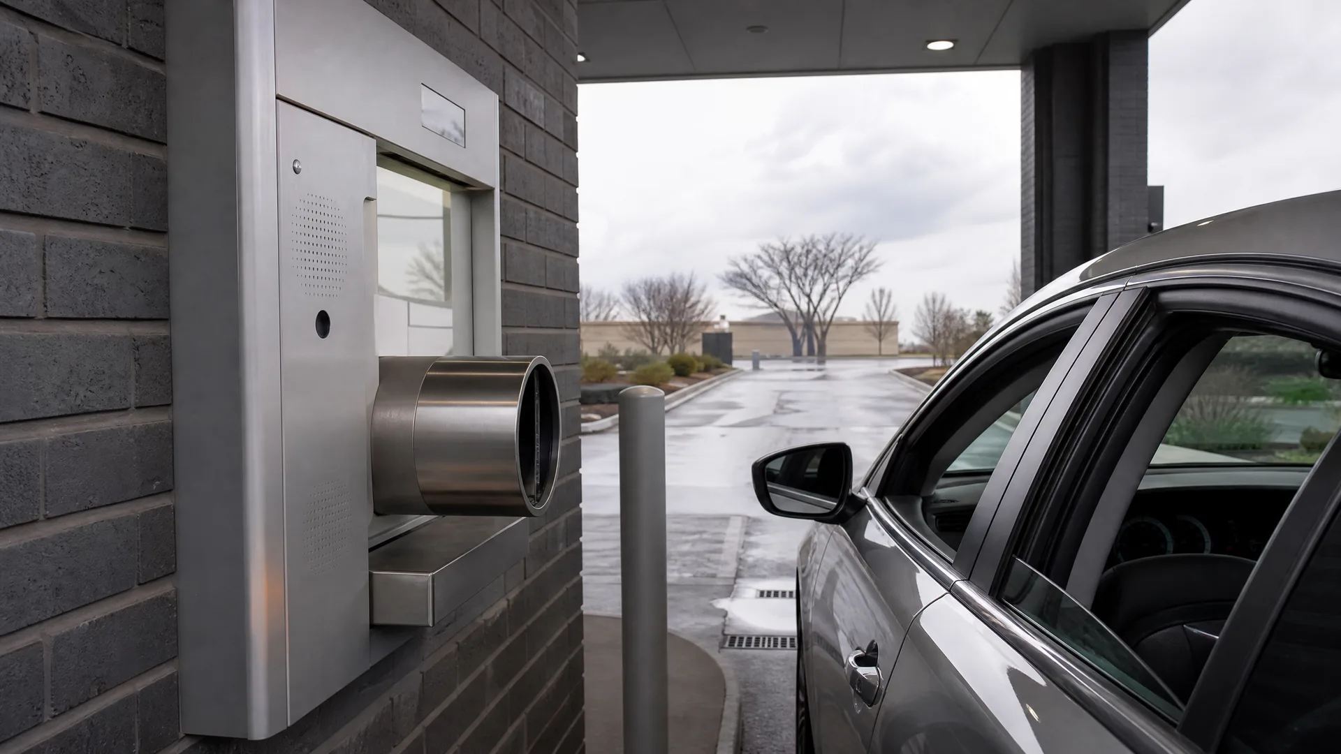 A silver car stopped beside a stainless steel drive-through banking station with a pneumatic tube canister, set in a dark brick wall under a canopy, with a wet parking lot and bare trees beyond.