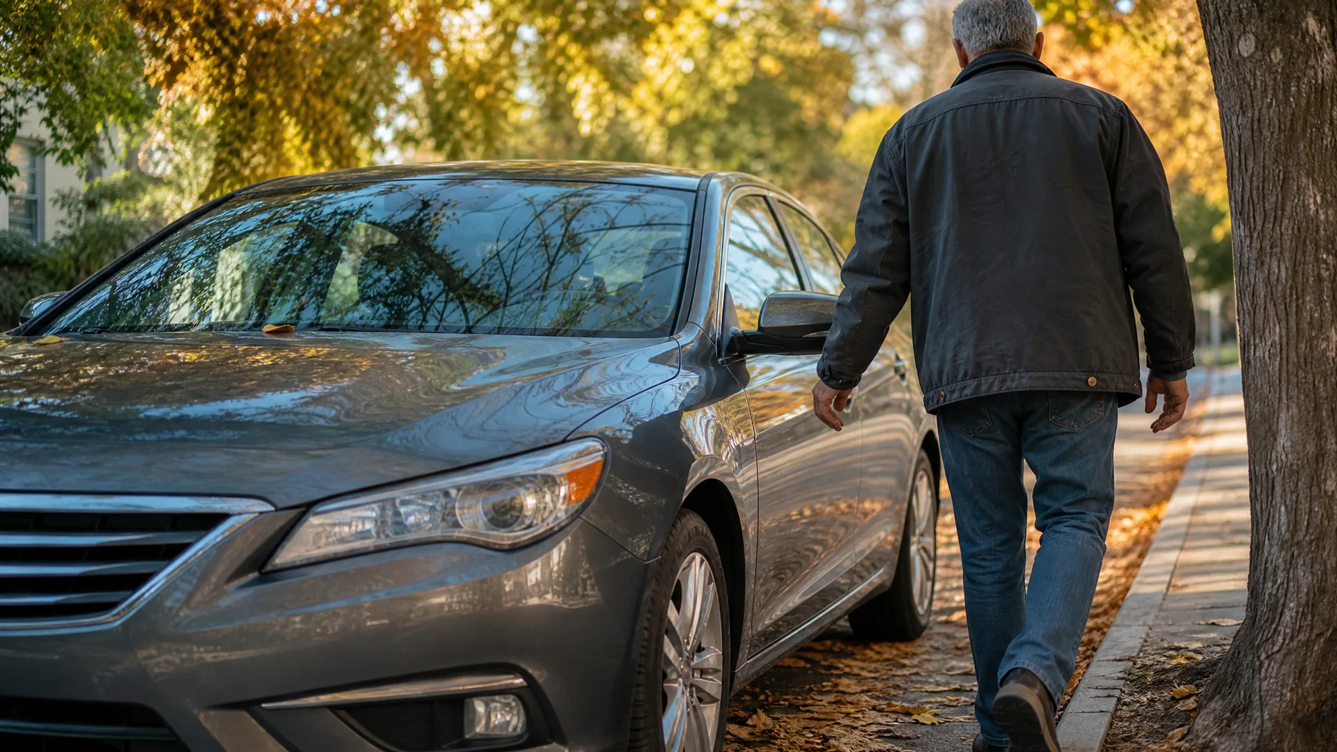 A gray-haired man in a dark jacket and jeans walks away along a leaf-strewn sidewalk beside a parked gray sedan, with autumn-colored trees overhead.