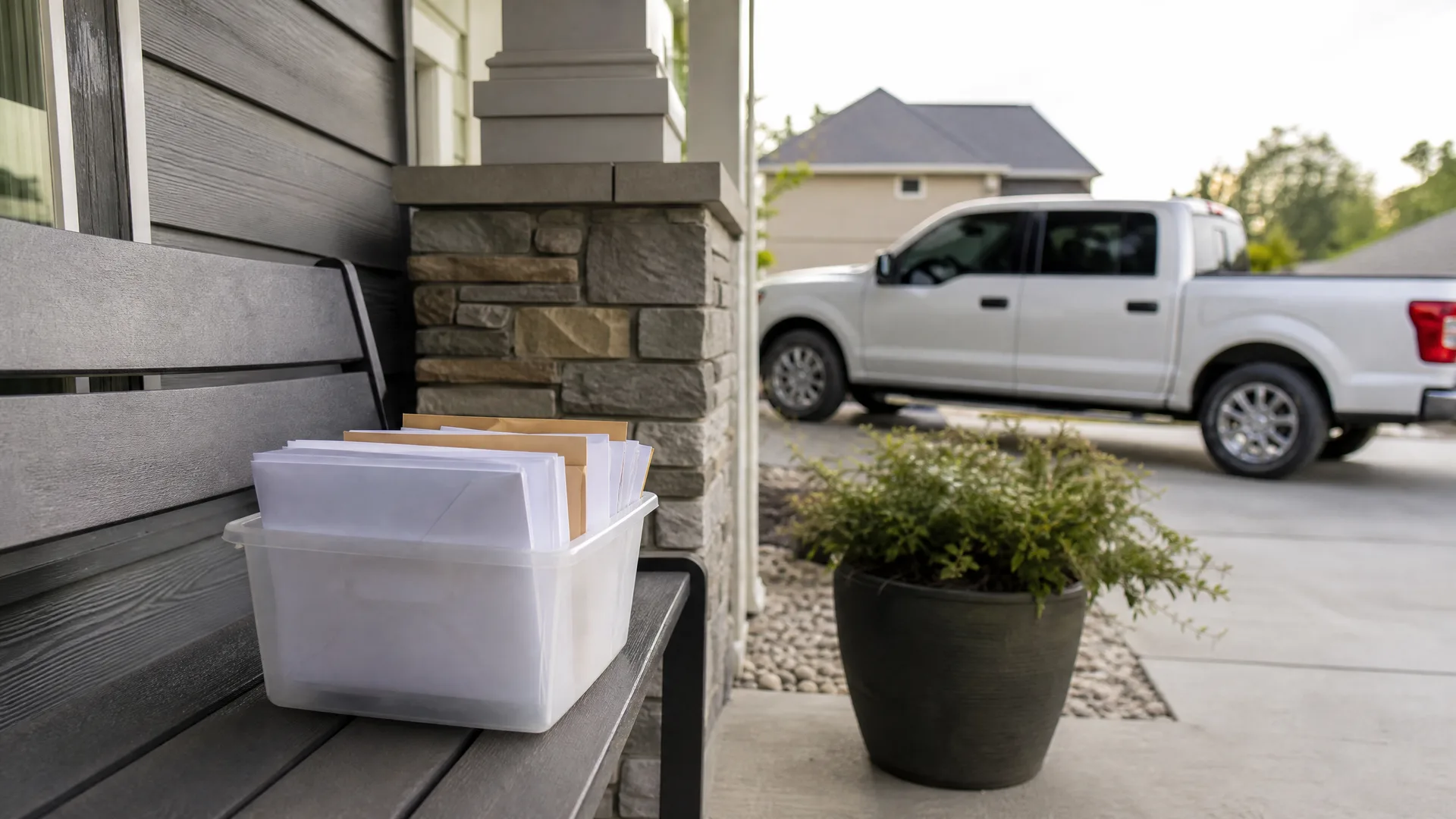 A clear plastic bin filled with envelopes and papers sits on a gray bench on a covered porch with stone-clad column, a potted shrub nearby, and a white pickup truck parked in a driveway in the blurred background.