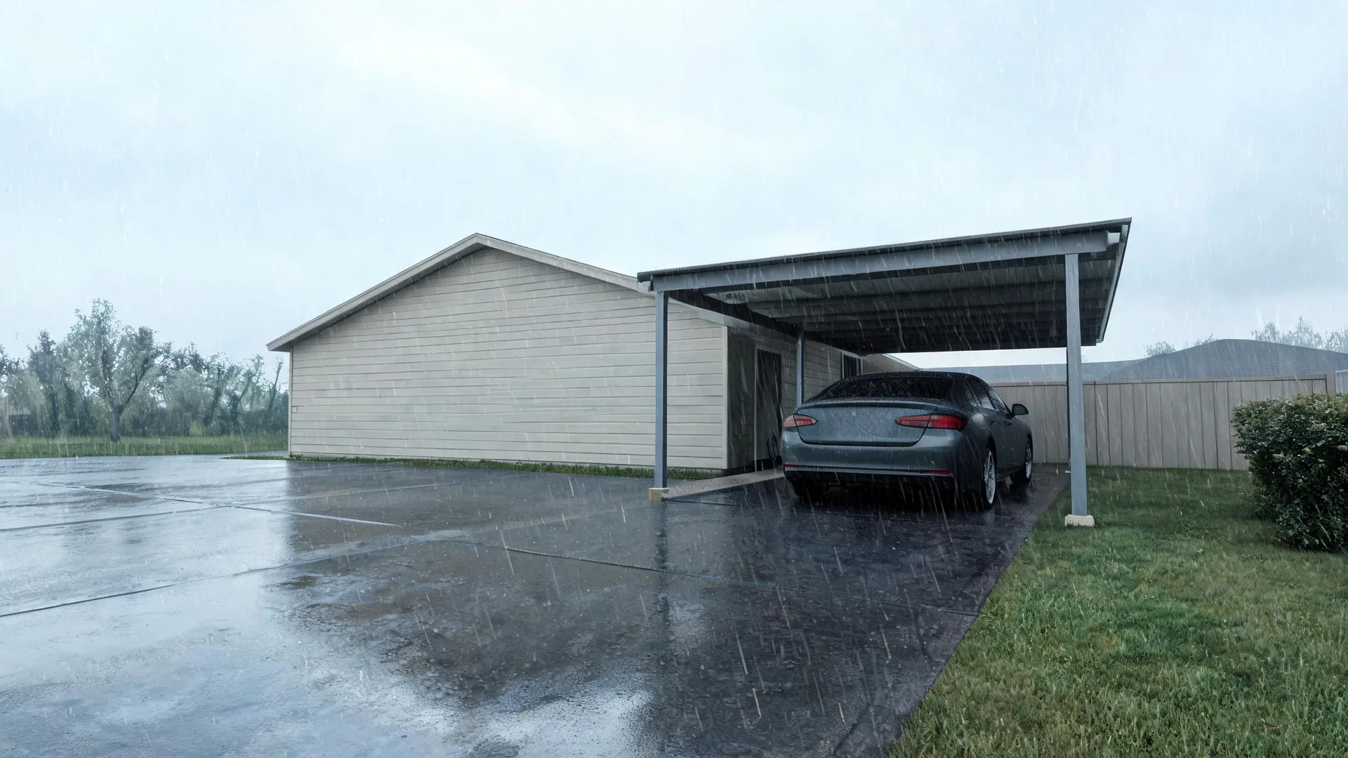A rendered view of a single-story house with light horizontal siding and an attached metal-post carport sheltering a dark sedan, on wet pavement during rain with grass and a fence to the right.