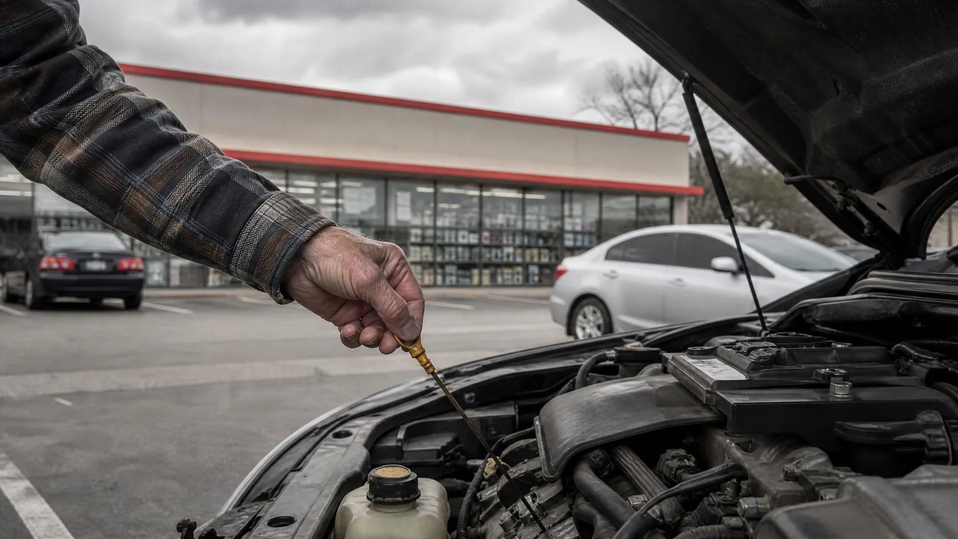 A person's arm in a plaid shirt pulls a dipstick from a car engine under an open hood, with a storefront, parked cars and an overcast sky behind.