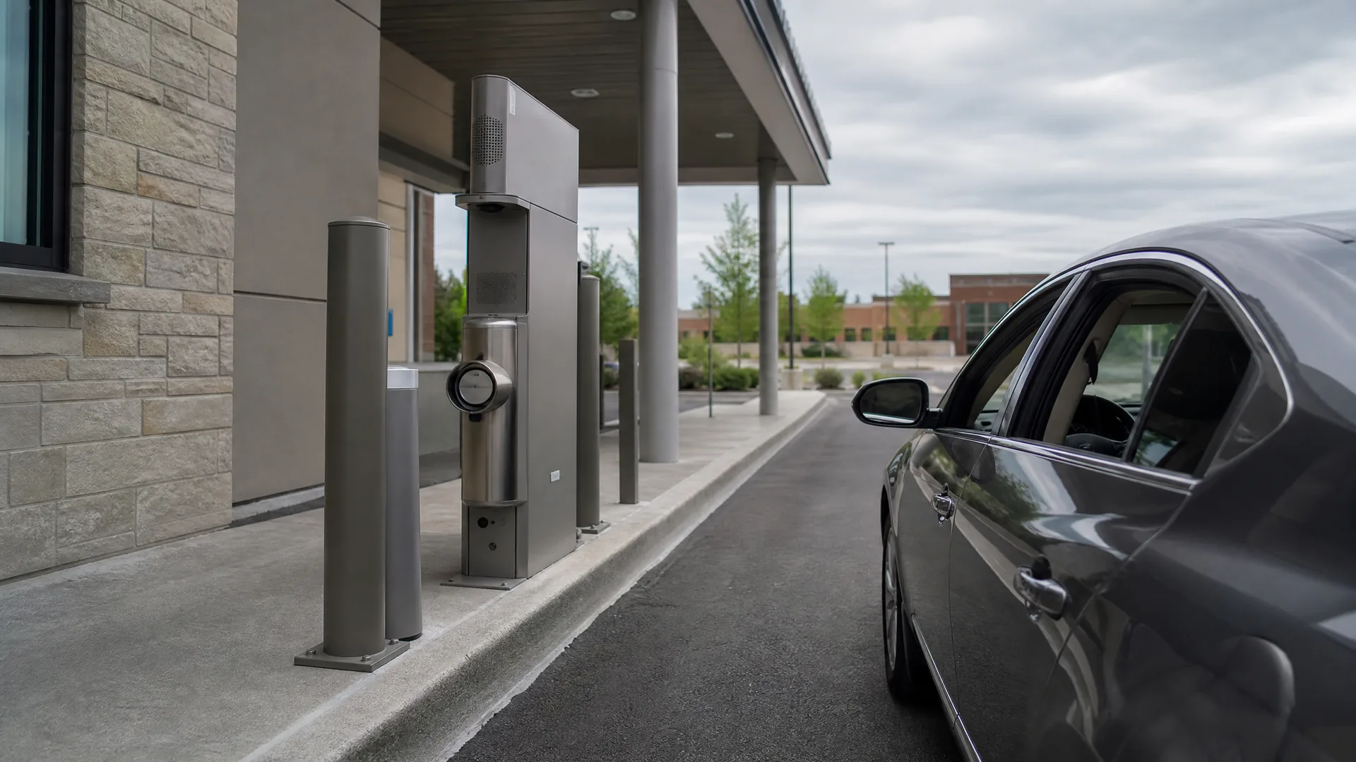 A dark gray sedan stops at a stainless steel drive-up terminal with a pneumatic tube unit, flanked by metal bollards under a canopy beside a stone and stucco building.