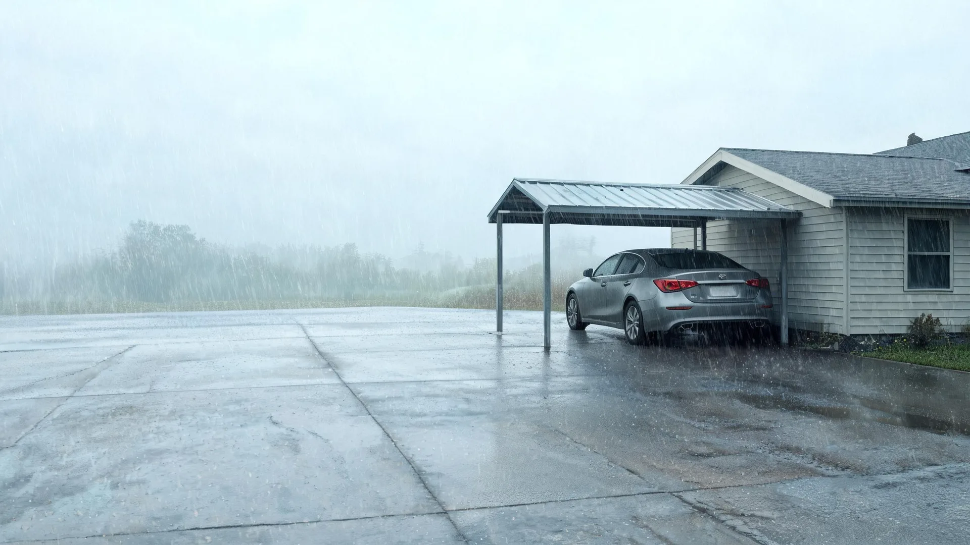 A silver sedan parked under a metal carport attached to a light-colored sided house, beside a wet concrete driveway during heavy rain.
