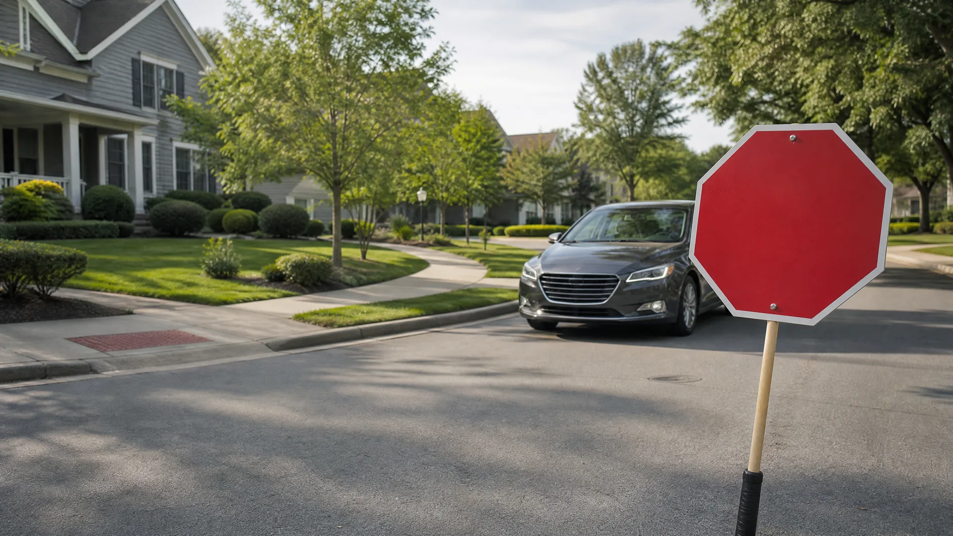 A handheld red octagonal sign on a wooden pole is held up in the foreground of a suburban street where a dark gray sedan is stopped near houses, lawns and trees.