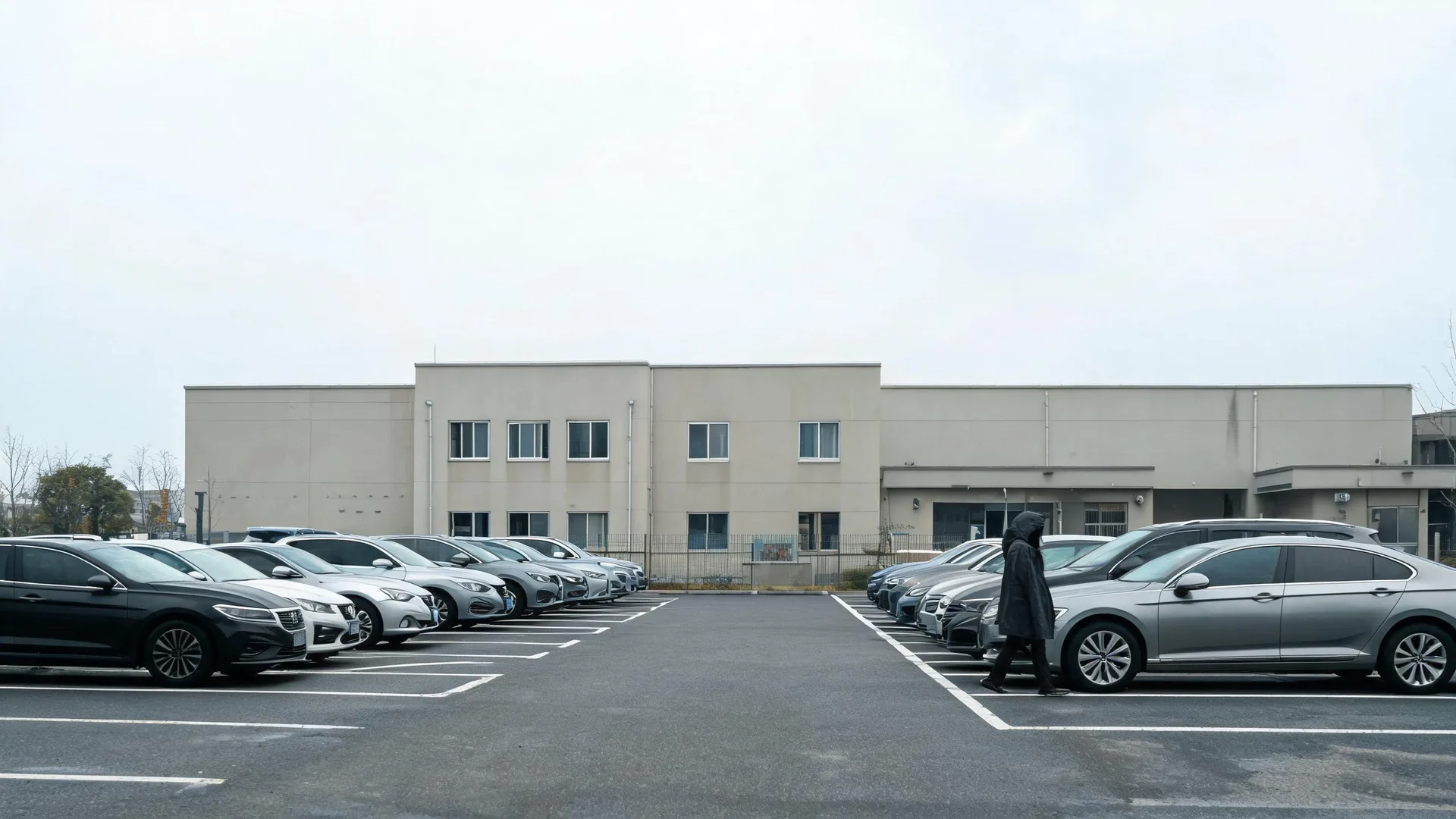 A person in a dark hooded coat walks across an asphalt parking lot lined with rows of parked cars in front of a two-story beige building under an overcast sky.