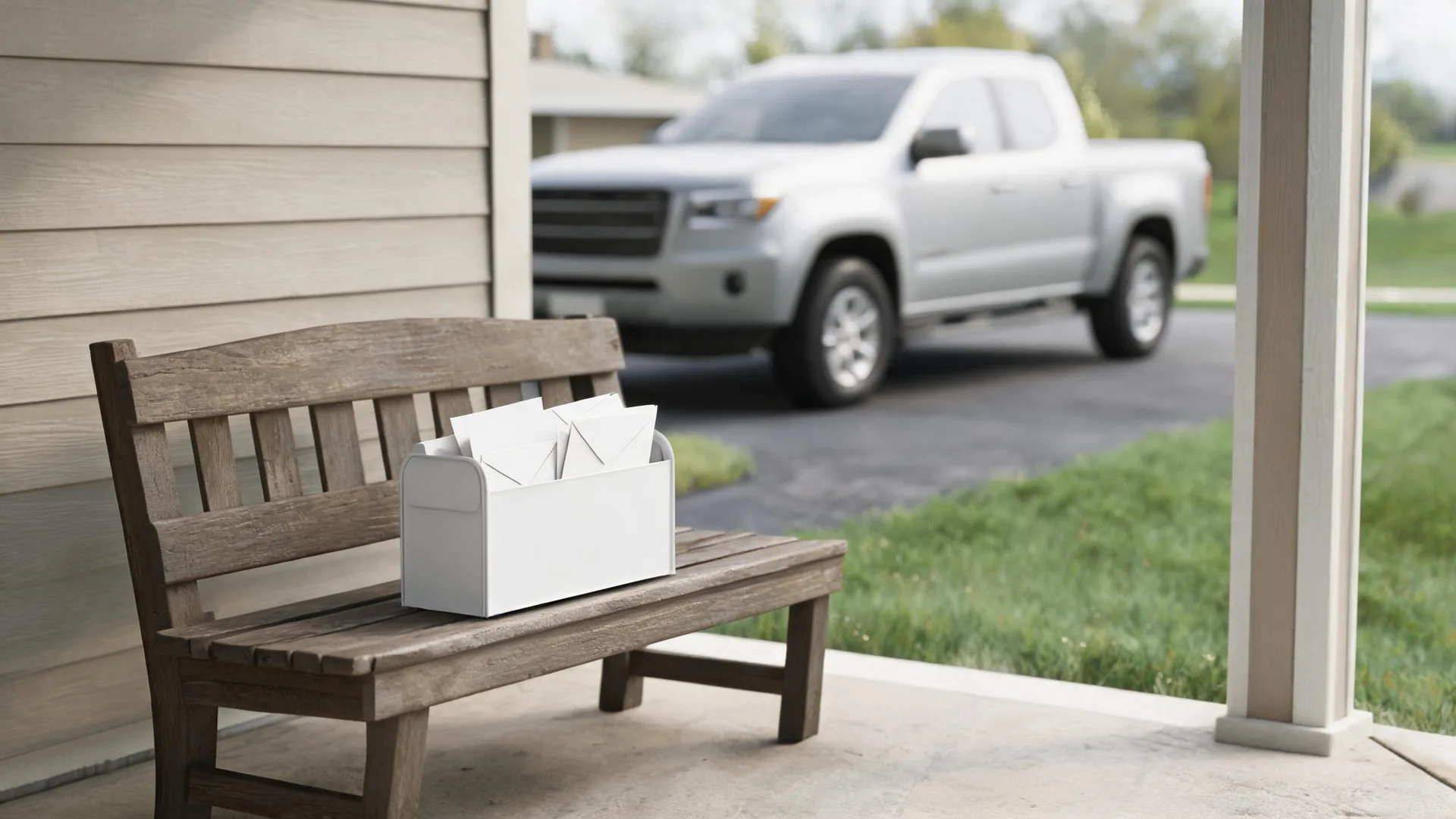 A white mailbox filled with envelopes sits on a weathered wooden bench on a porch, with a silver pickup truck blurred in the driveway behind.