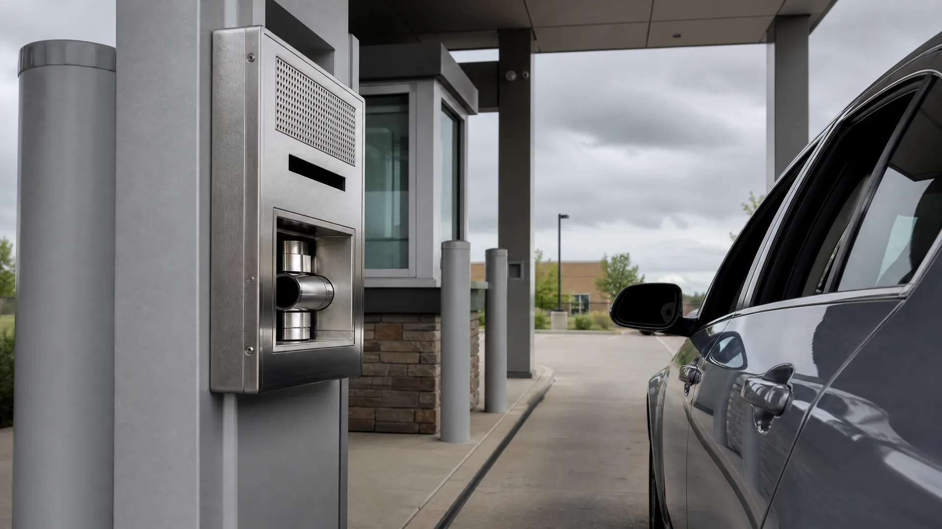 A stainless steel drive-through banking terminal with a speaker grille and pneumatic tube carrier mounted on a column, with a dark car parked in the lane under a canopy.