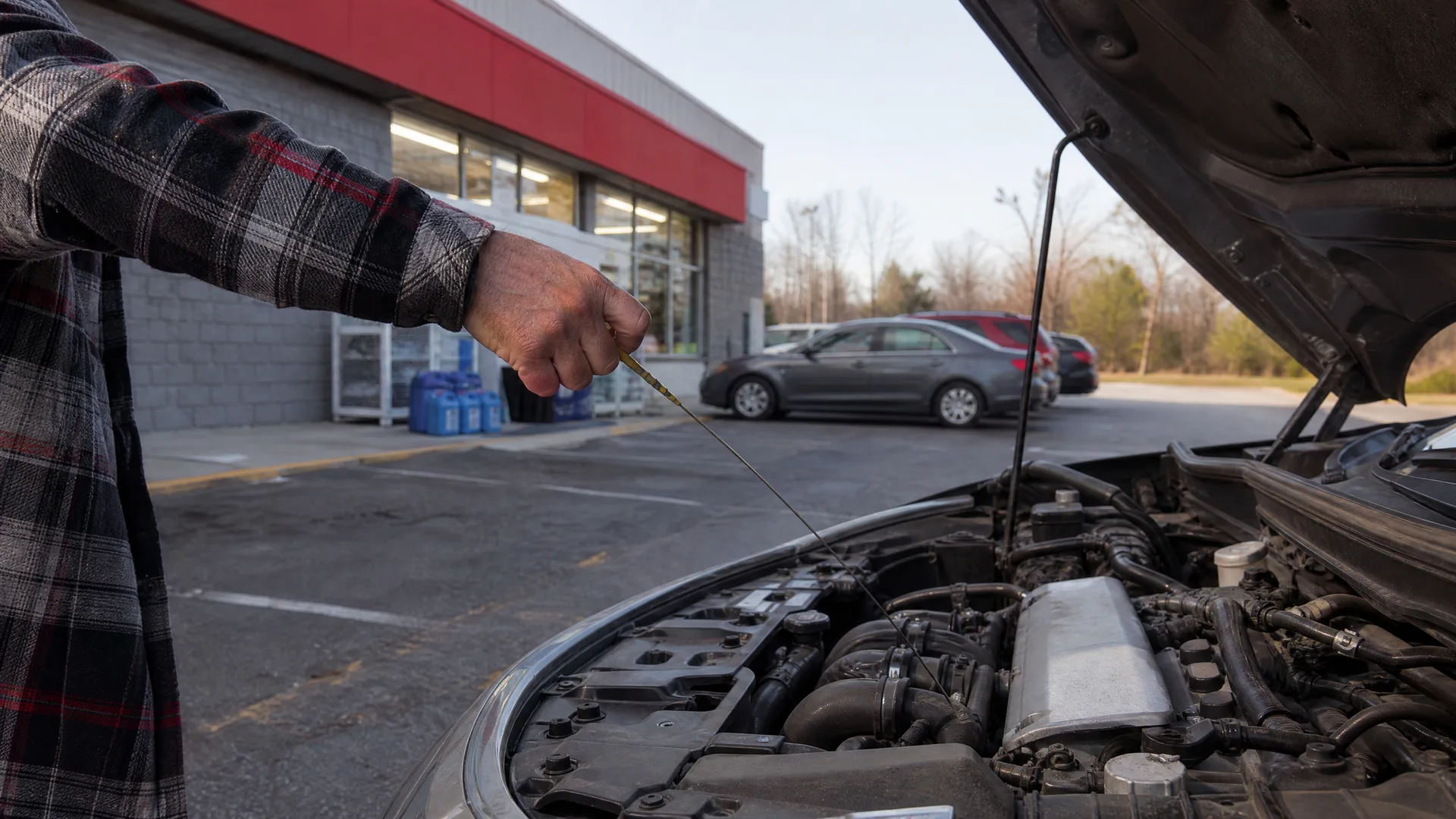 A person in a plaid shirt holds an oil dipstick over the open hood of a car in a parking lot, with a building and parked cars behind.