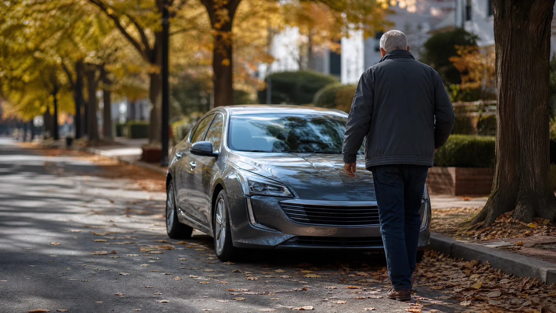A man in a dark jacket and jeans walks along a leaf-strewn curb toward a gray sedan parked on a tree-lined street with yellow autumn foliage.