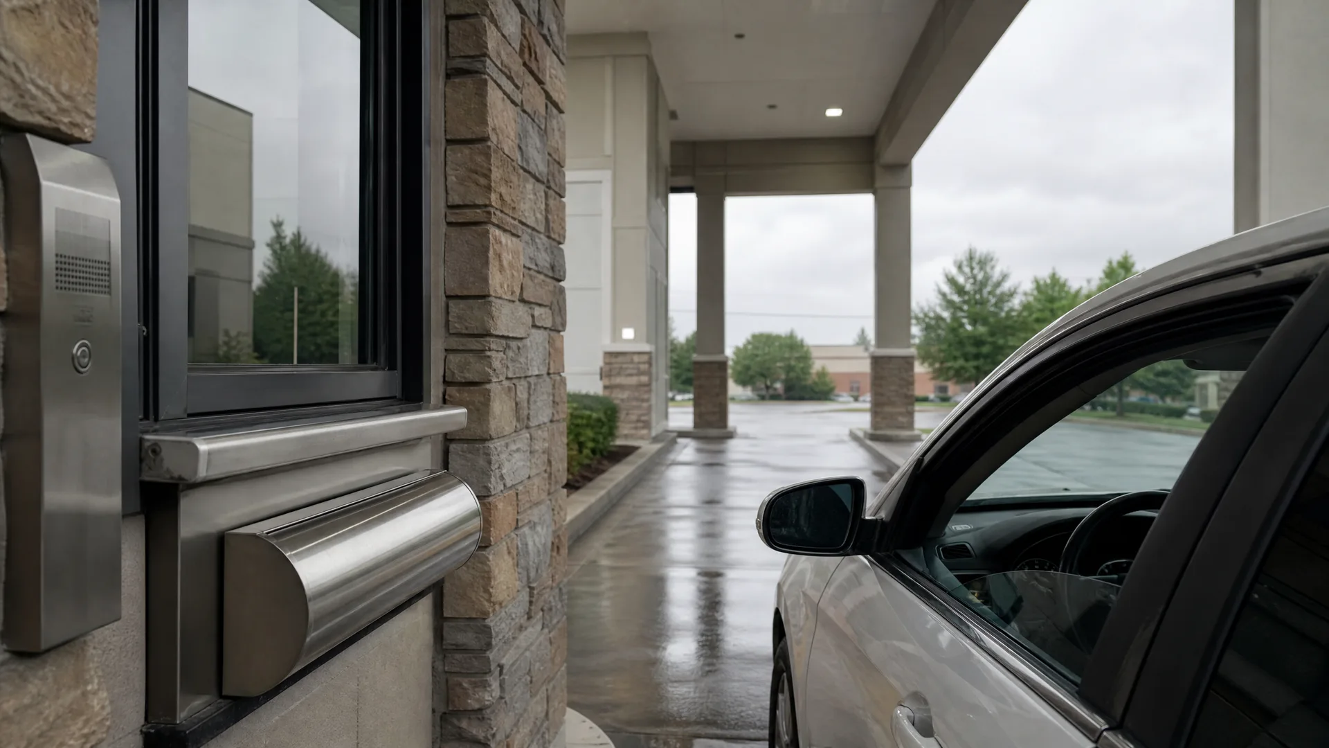 A silver car stopped at a drive-up window with a stainless steel deal drawer and intercom on a stone-clad building, with a wet covered driveway and parking lot beyond under an overcast sky.