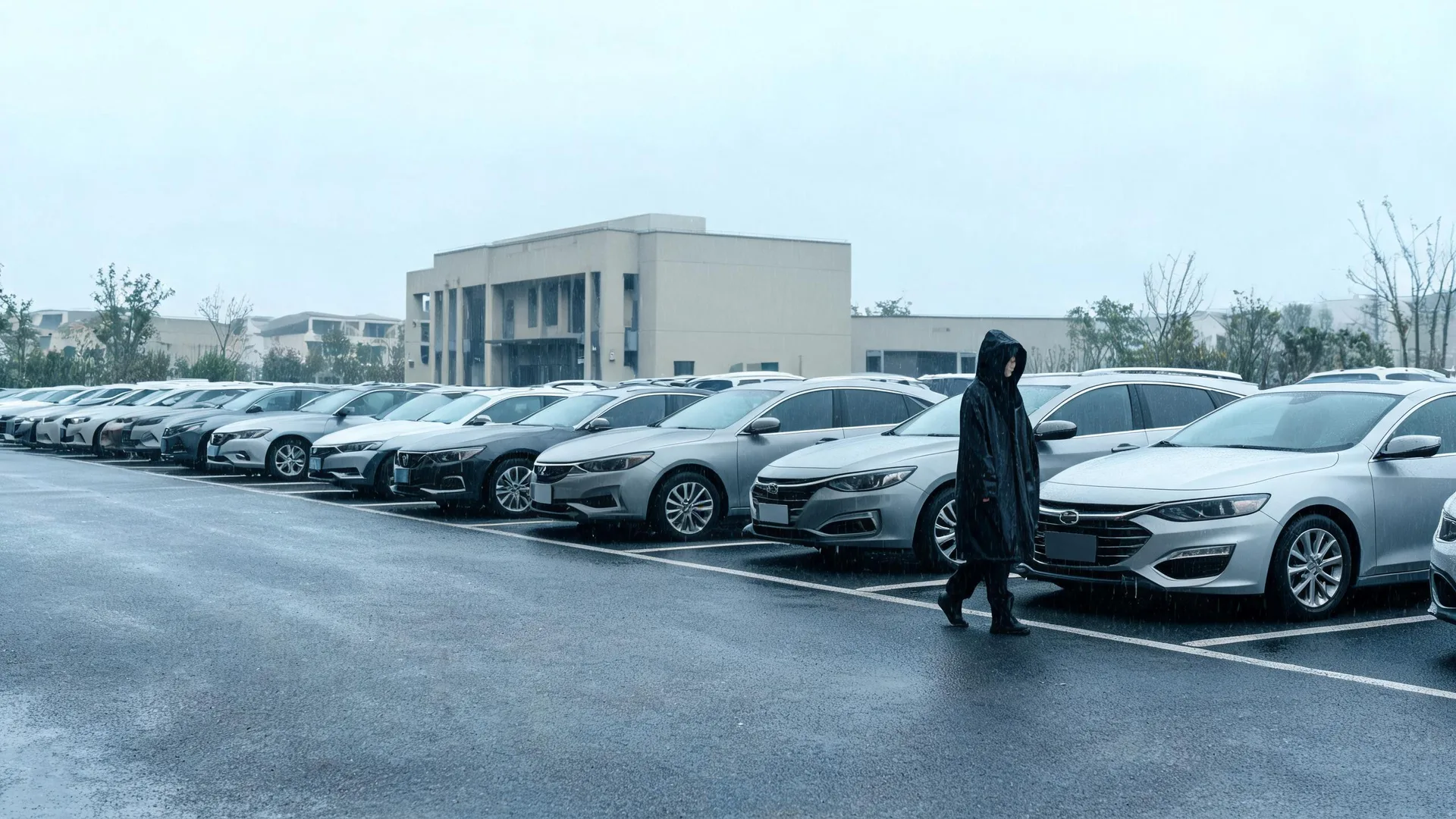A person in a dark hooded rain poncho walks past a long row of parked silver and white cars on a wet parking lot under an overcast sky, with a pale low-rise building and bare trees in the background.