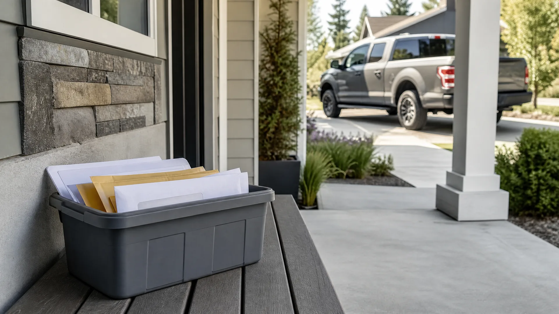 A gray plastic bin filled with white and manila envelopes sits on a gray wooden porch bench beside a stone-veneer wall, with a pickup truck parked in a driveway in the background.